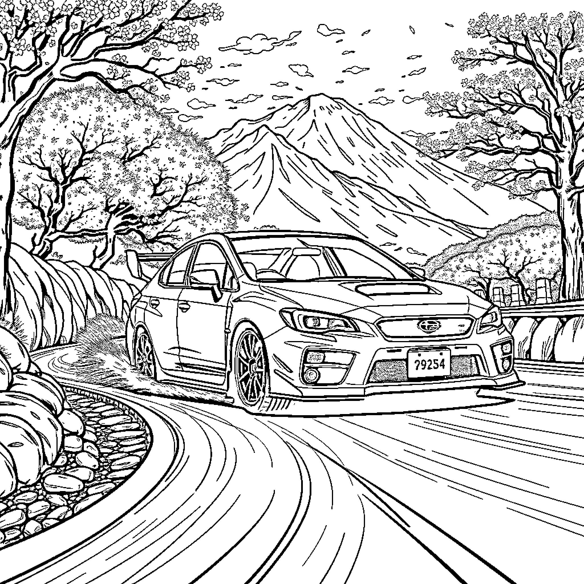Subaru driving through a scenic mountain landscape Coloring Page (free black-and-white line drawing printable PDF for all, from beginners to advanced learners, including children, teens, adults, and seniors)