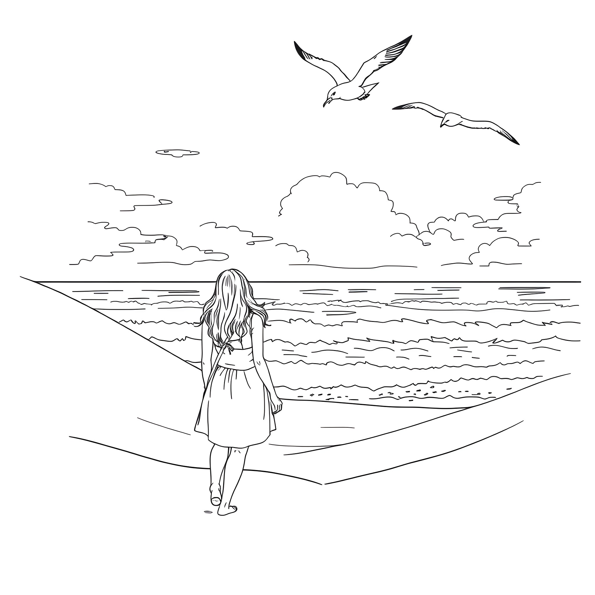 Lady walking alone by the sea with birds Coloring Page (free black-and-white line drawing printable PDF for all, from beginners to advanced learners, including children, teens, adults, and seniors)
