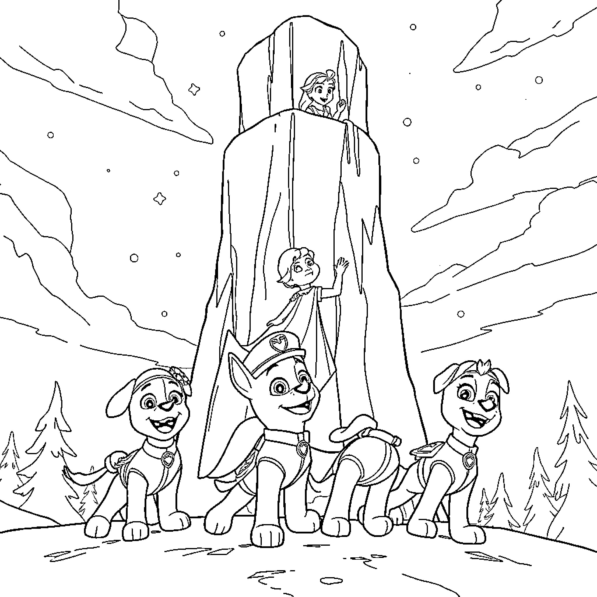 Paw Patrol characters in a snowy winter scene Coloring Page (free black-and-white line drawing printable PDF for all, from beginners to advanced learners, including children, teens, adults, and seniors)