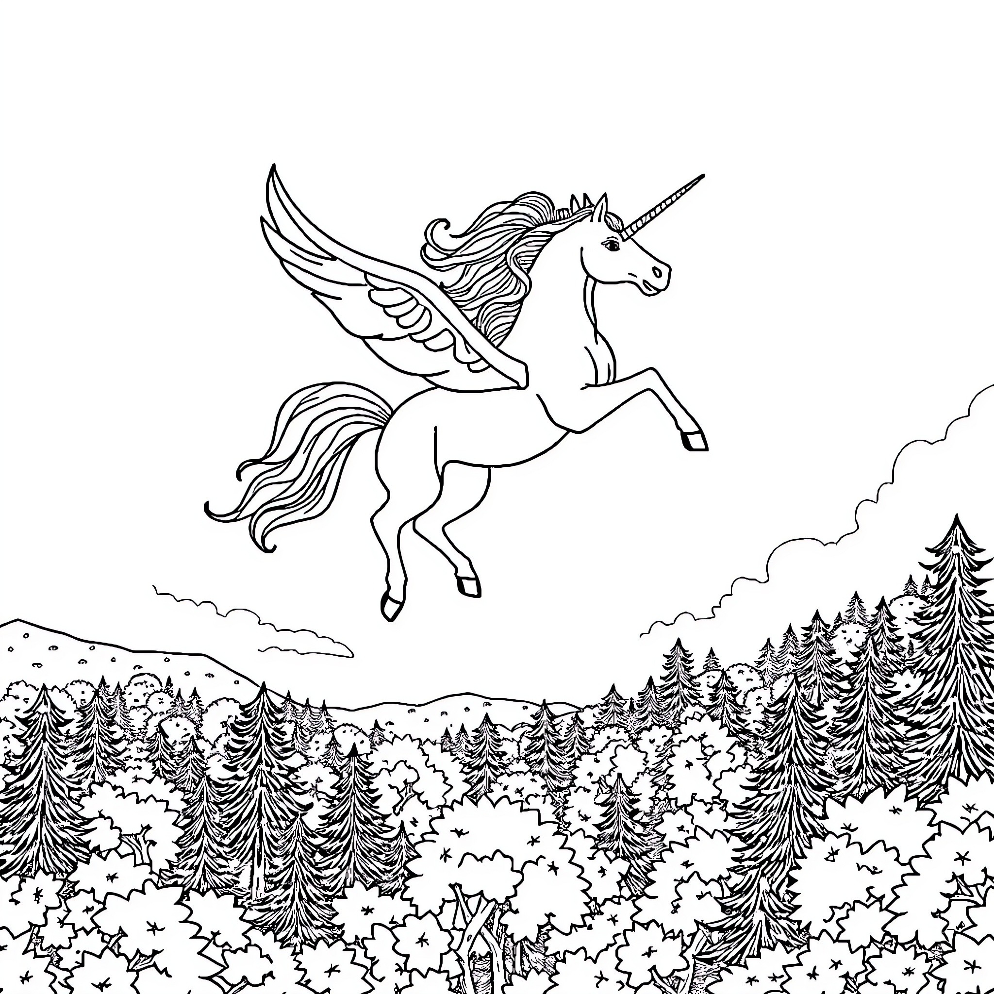 Unicorn soaring over enchanted forest landscape Coloring Page (free black-and-white line drawing printable PDF for all, from beginners to advanced learners, including children, teens, adults, and seniors)
