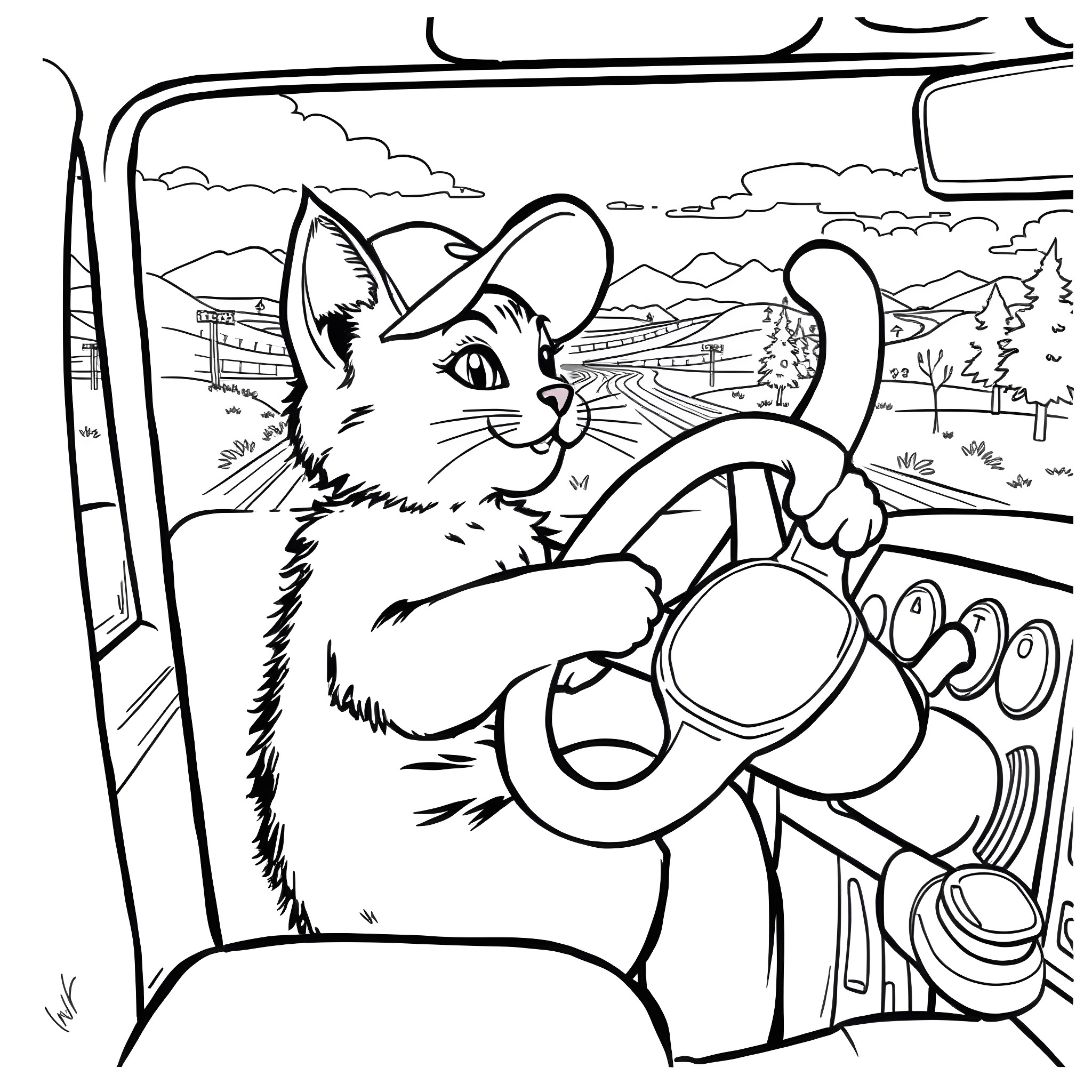 Cat enjoying the view from a car window Coloring Page (free black-and-white line drawing printable PDF for all, from beginners to advanced learners, including children, teens, adults, and seniors)