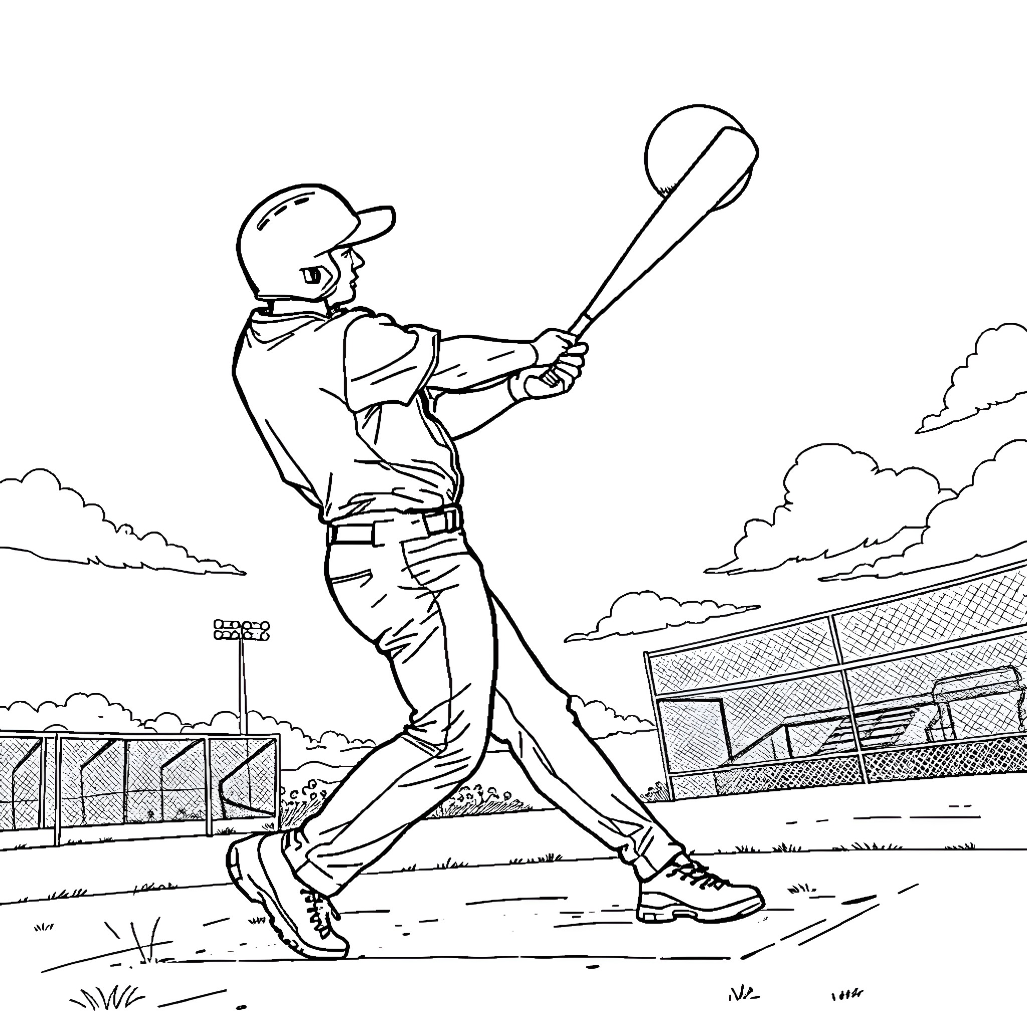 Baseball Player Batting in the Ballpark Coloring Page (free black-and-white line drawing printable PDF for all, from beginners to advanced learners, including children, teens, adults, and seniors)