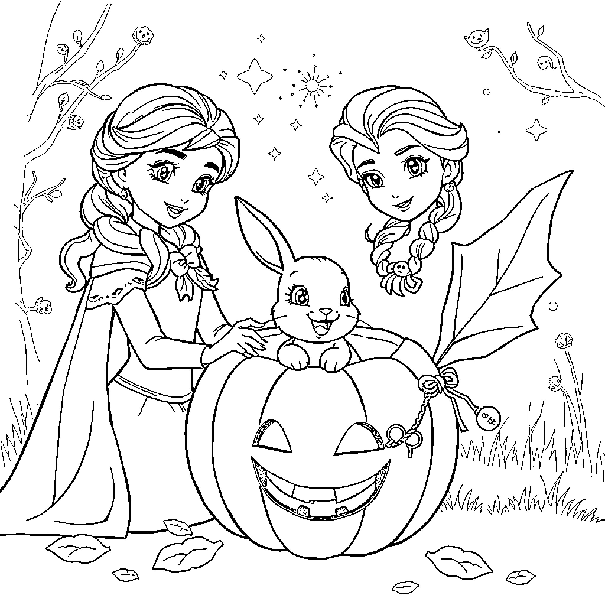 Ana and Elsa celebrate Halloween with a bunny and pumpkin Coloring Page (free black-and-white line drawing printable PDF for all, from beginners to advanced learners, including children, teens, adults, and seniors)