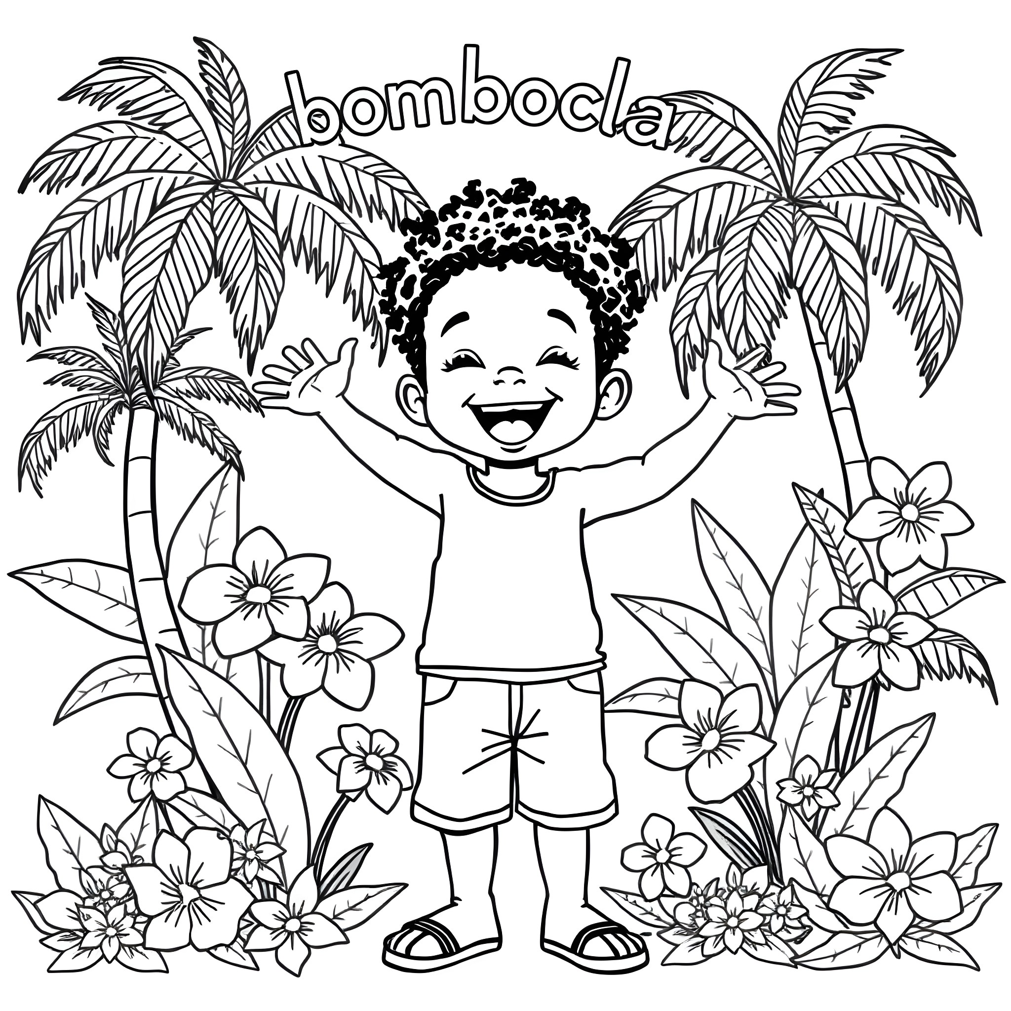 Child playing happily in a tropical paradise Coloring Page (free black-and-white line drawing printable PDF for all, from beginners to advanced learners, including children, teens, adults, and seniors)