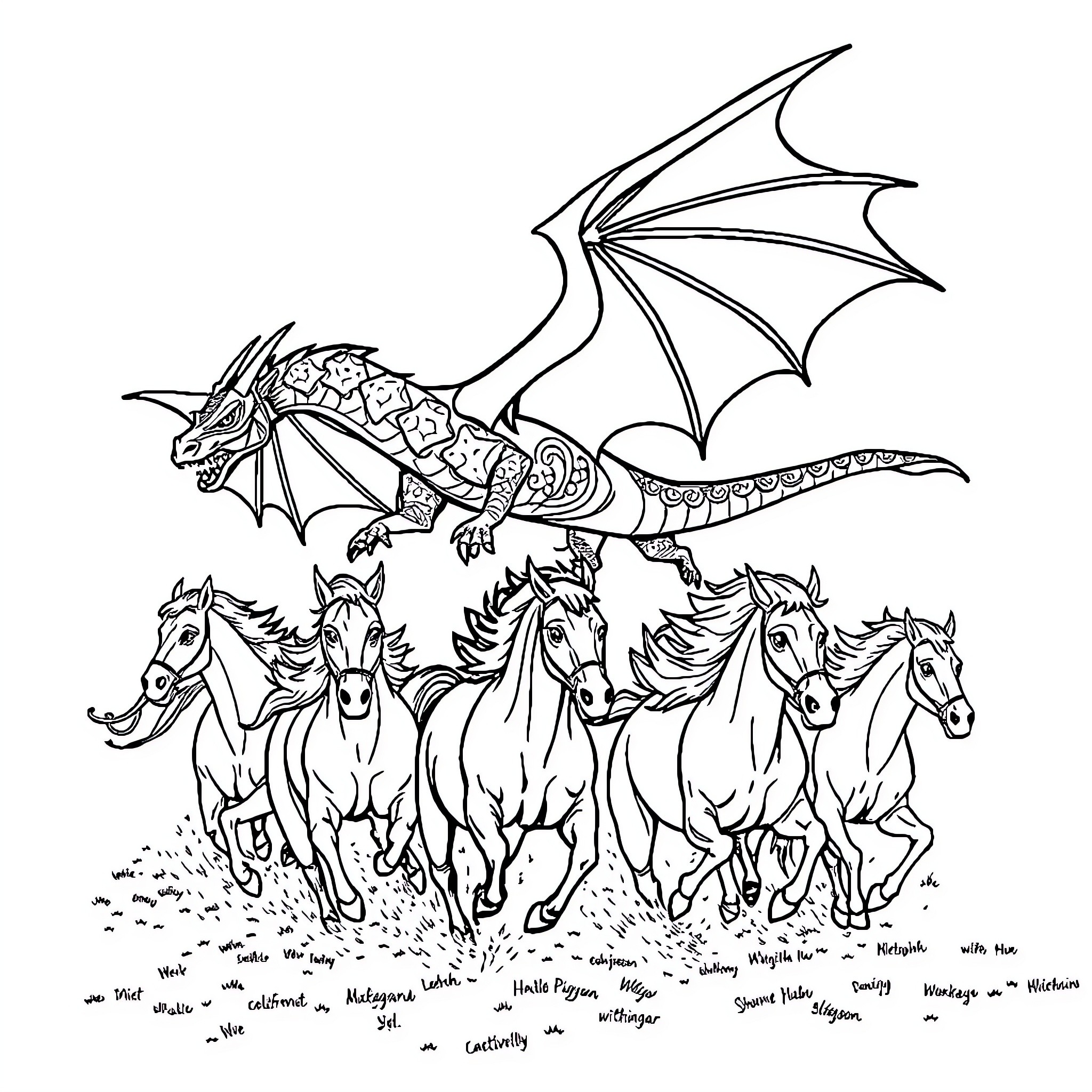 Dragon soaring over a herd of running horses Coloring Page (free black-and-white line drawing printable PDF for all, from beginners to advanced learners, including children, teens, adults, and seniors)