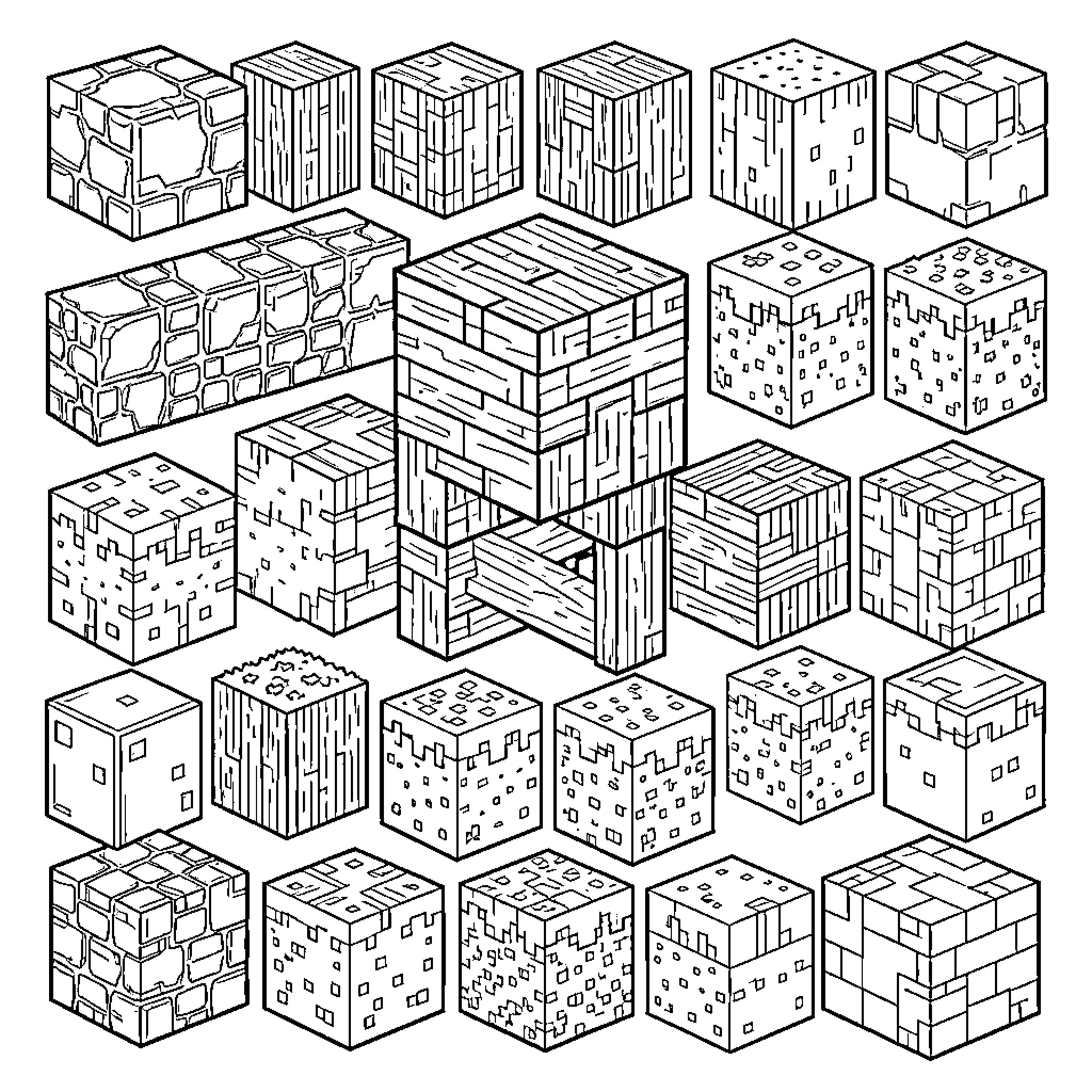 Minecraft Blocks in Various Shapes and Textures Coloring Page (free black-and-white line drawing printable PDF for all, from beginners to advanced learners, including children, teens, adults, and seniors)