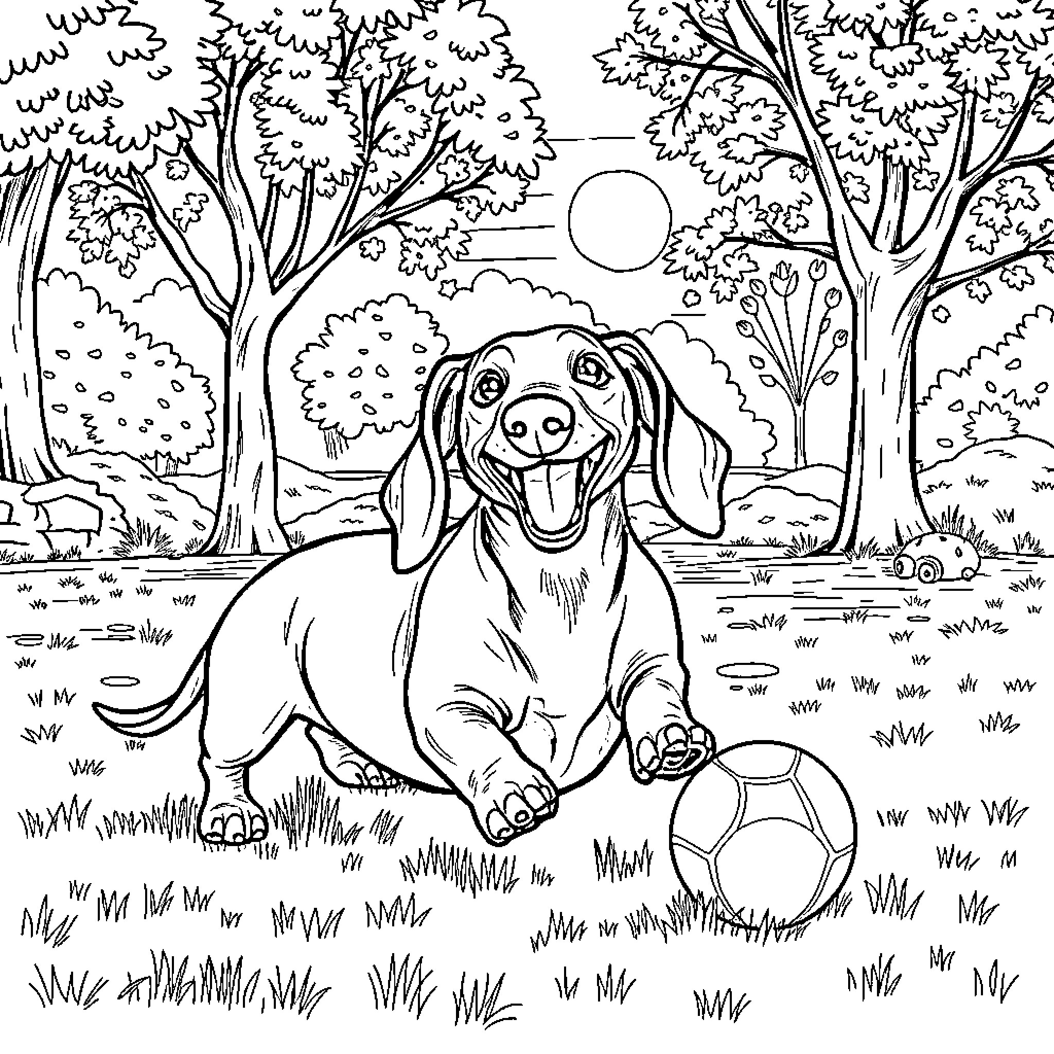 Dachshund enjoying playtime in the park Coloring Page (free black-and-white line drawing printable PDF for all, from beginners to advanced learners, including children, teens, adults, and seniors)