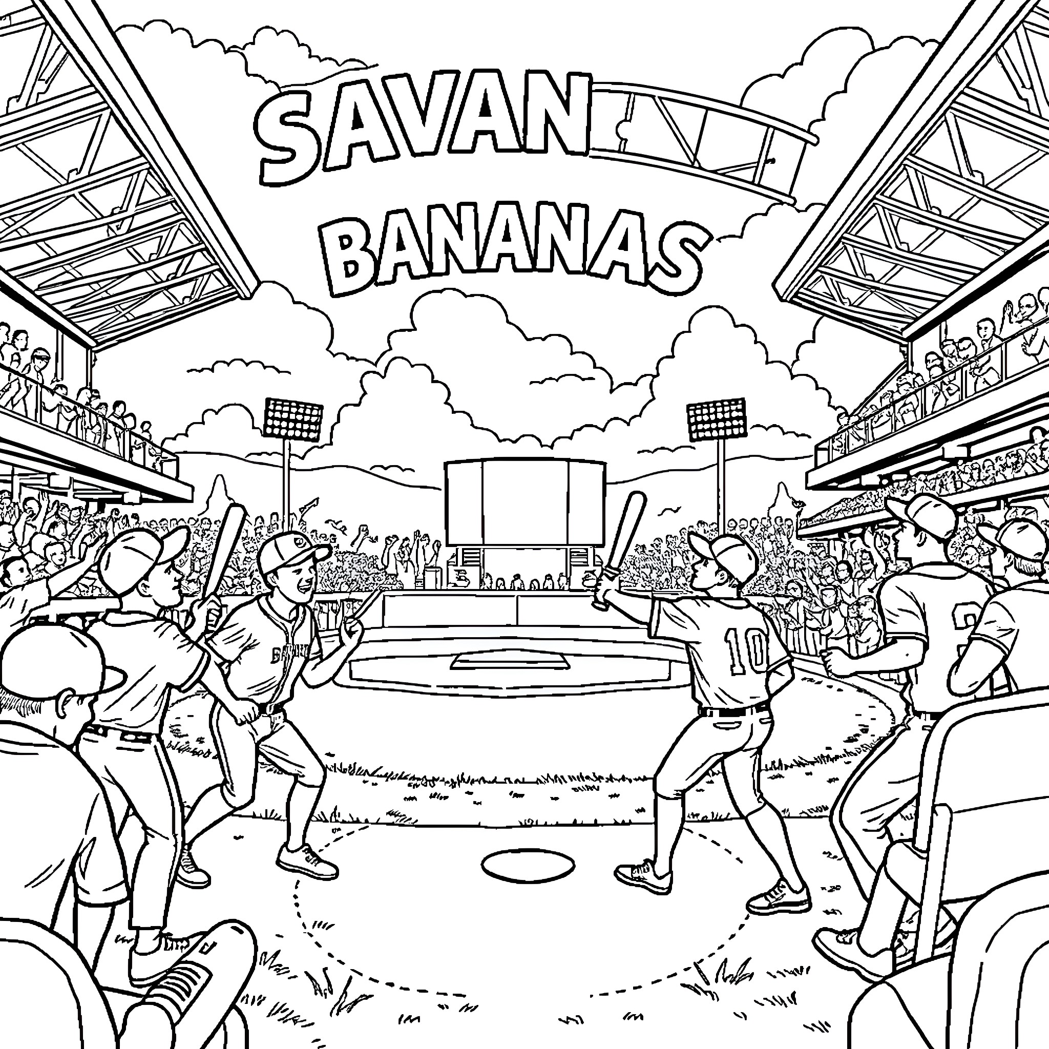 Banana Sports Match in the Savannah Coloring Page (free black-and-white line drawing printable PDF for all, from beginners to advanced learners, including children, teens, adults, and seniors)