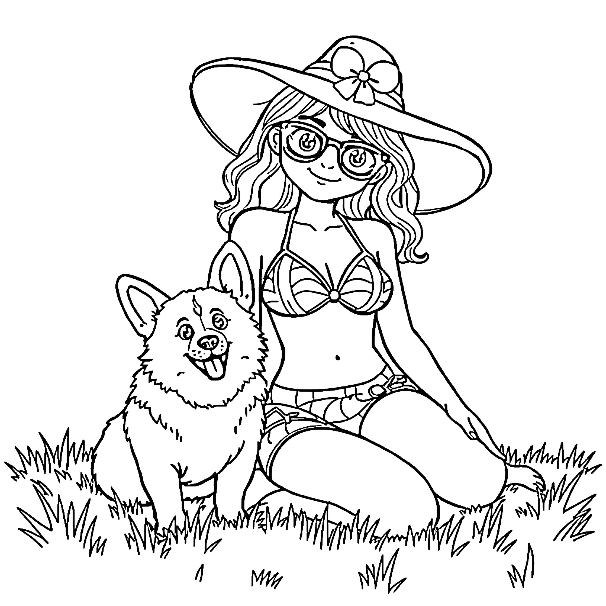 Girl in swimsuit with pet dog outdoors Coloring Page (free black-and-white line drawing printable PDF for all, from beginners to advanced learners, including children, teens, adults, and seniors)