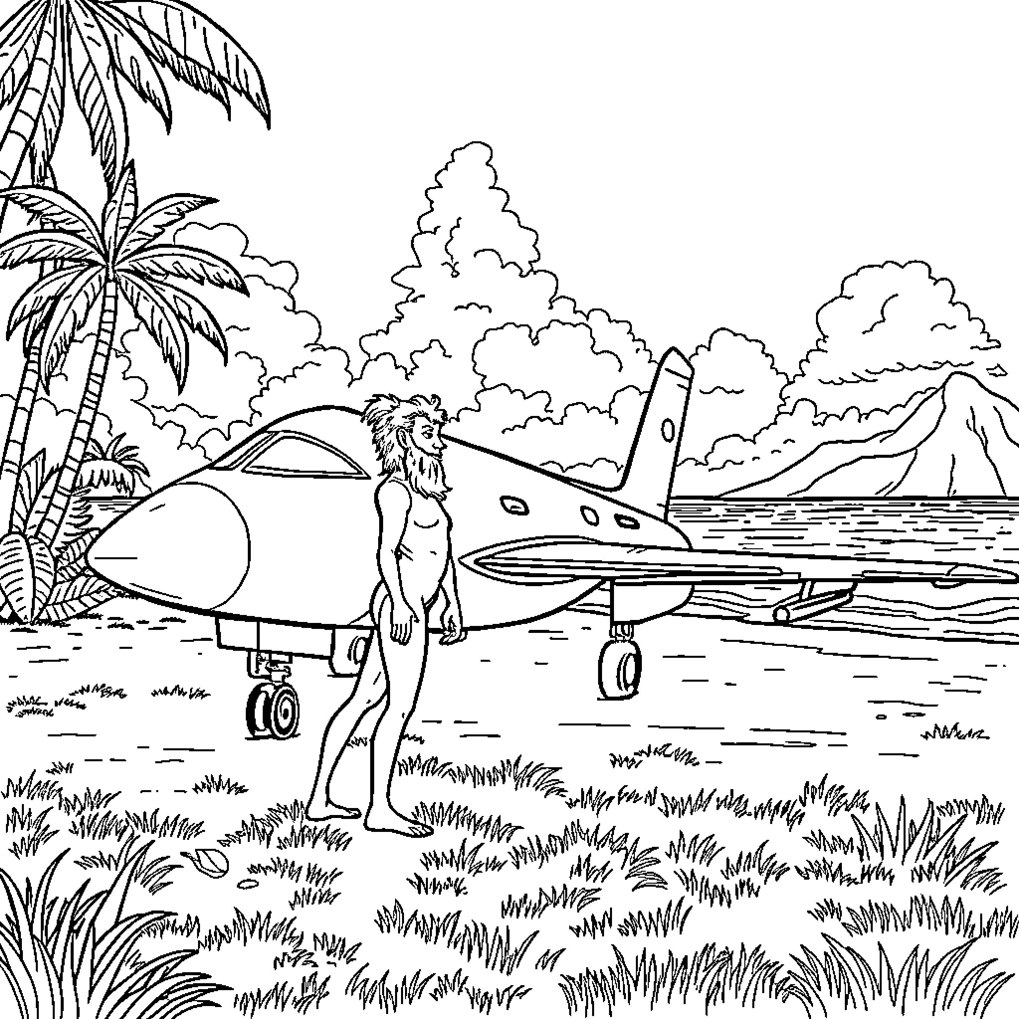 Aesop's Adventurous Pilot in a Tropical Landscape Coloring Page (free black-and-white line drawing printable PDF for all, from beginners to advanced learners, including children, teens, adults, and seniors)