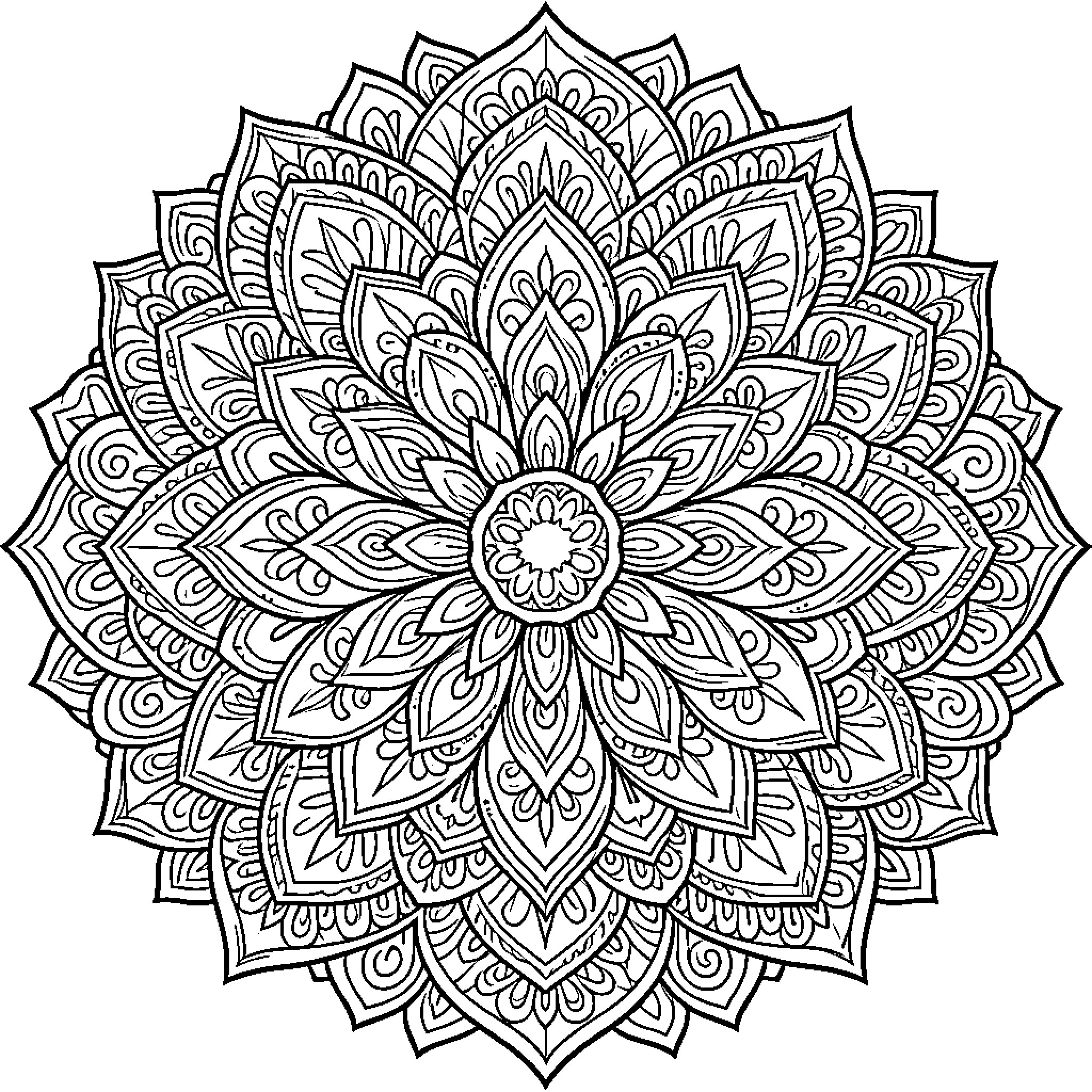 Mandala depicting detailed floral pattern Coloring Page (free black-and-white line drawing printable PDF for all, from beginners to advanced learners, including children, teens, adults, and seniors)