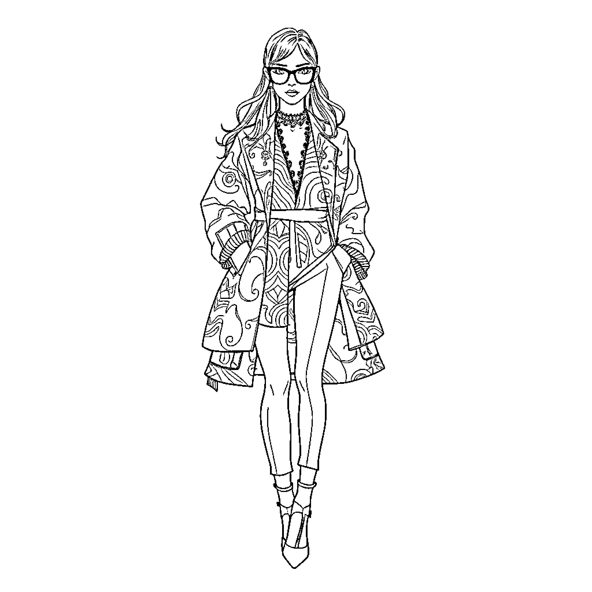 Fashion-Forward Female in Stylish Attire Coloring Page (free black-and-white line drawing printable PDF for all, from beginners to advanced learners, including children, teens, adults, and seniors)