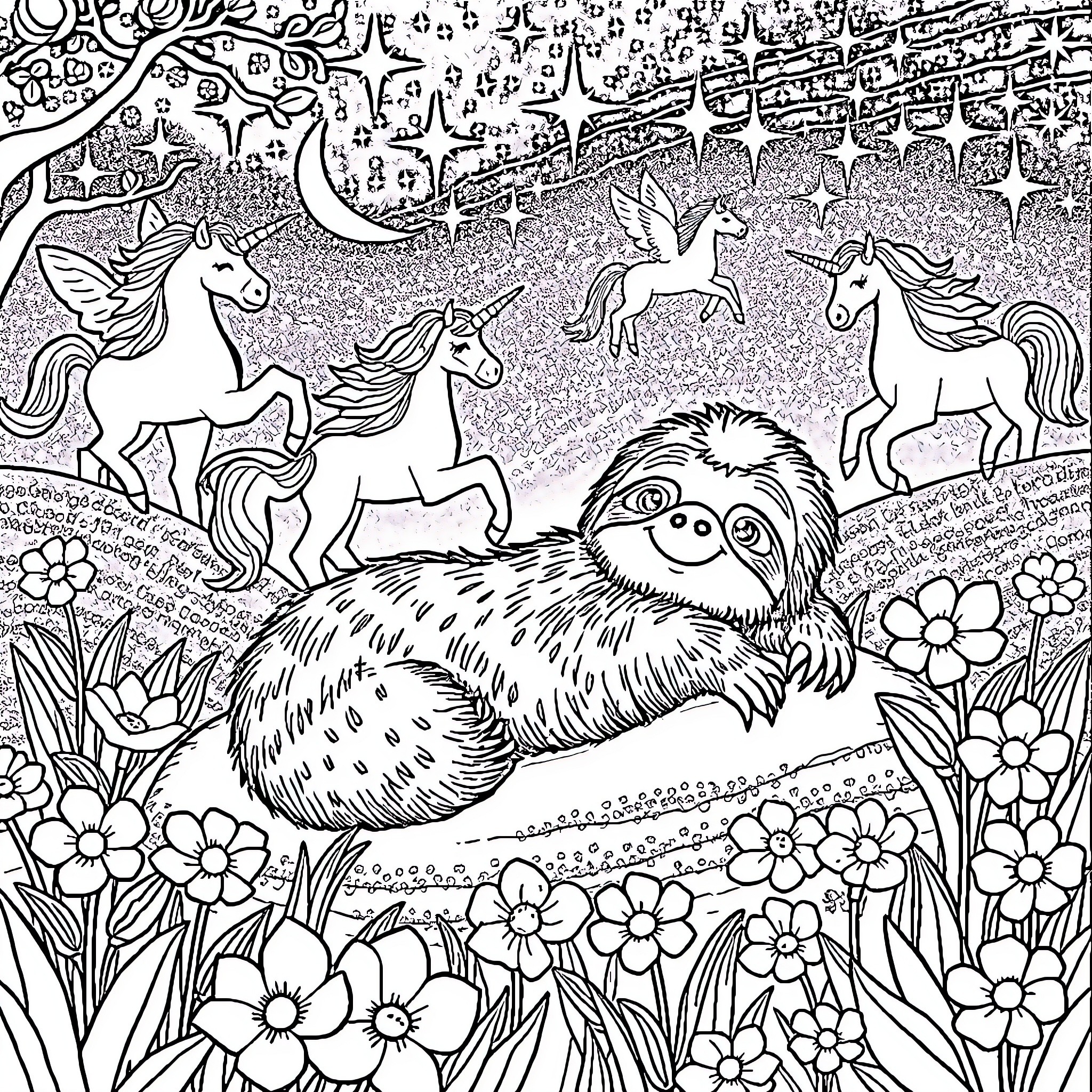 Sloth relaxing amidst whimsical unicorns and flowers Coloring Page (free black-and-white line drawing printable PDF for all, from beginners to advanced learners, including children, teens, adults, and seniors)