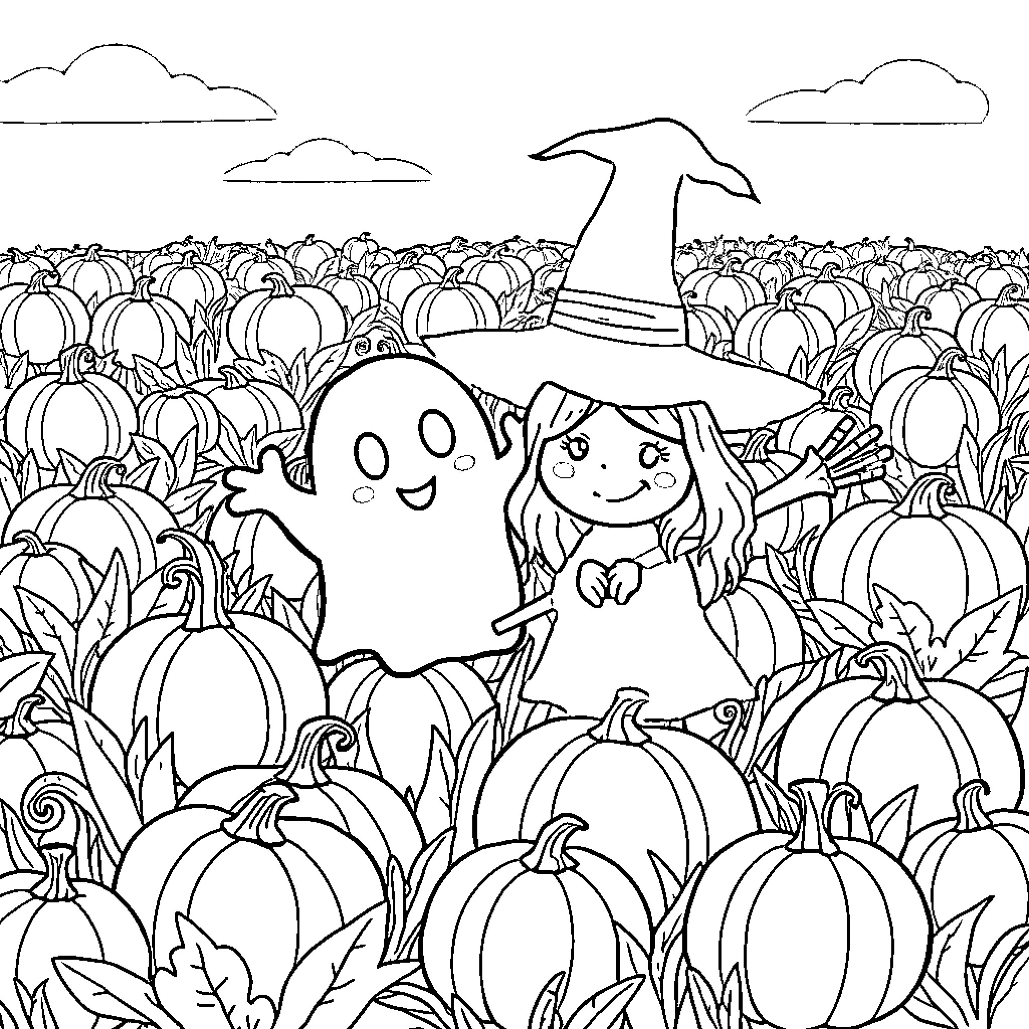 Ghost characters exploring a pumpkin patch Coloring Page (free black-and-white line drawing printable PDF for all, from beginners to advanced learners, including children, teens, adults, and seniors)