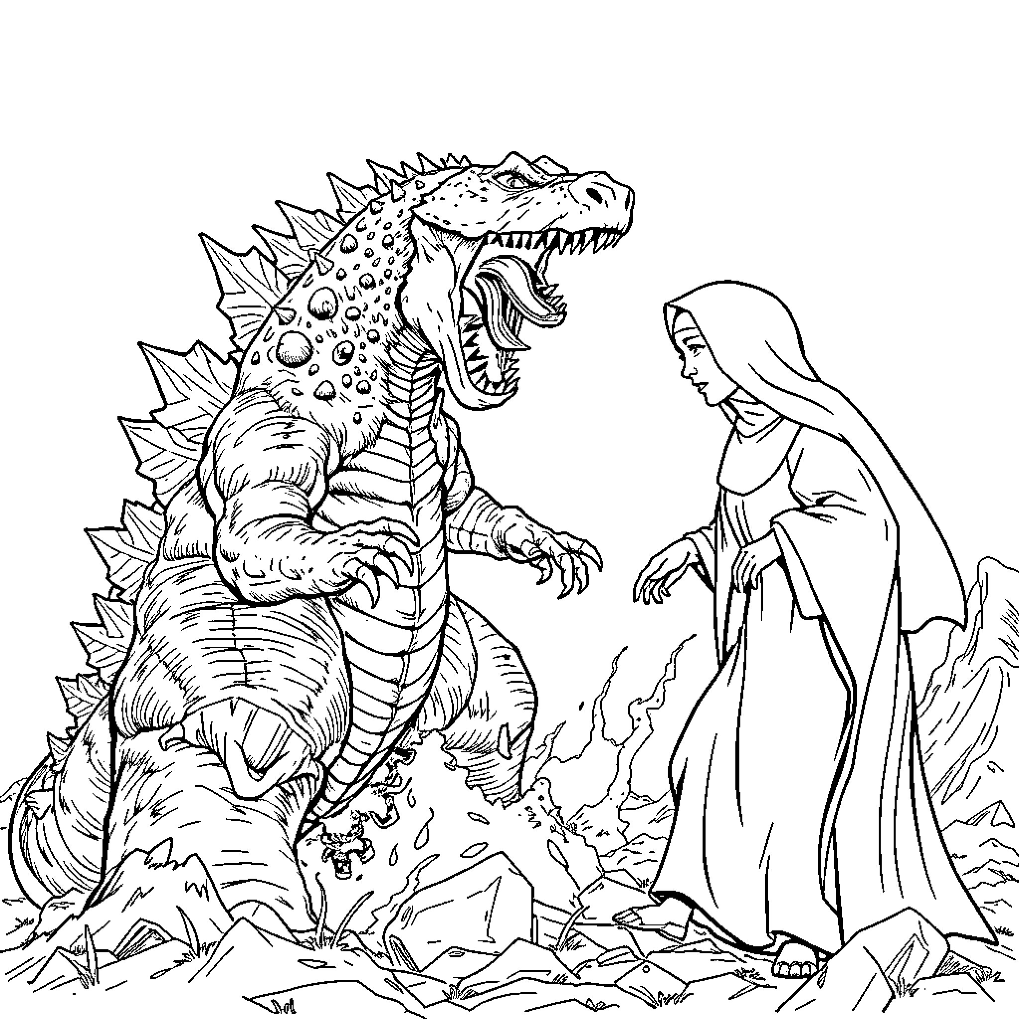 Godzilla confronting a mysterious hooded figure Coloring Page (free black-and-white line drawing printable PDF for all, from beginners to advanced learners, including children, teens, adults, and seniors)