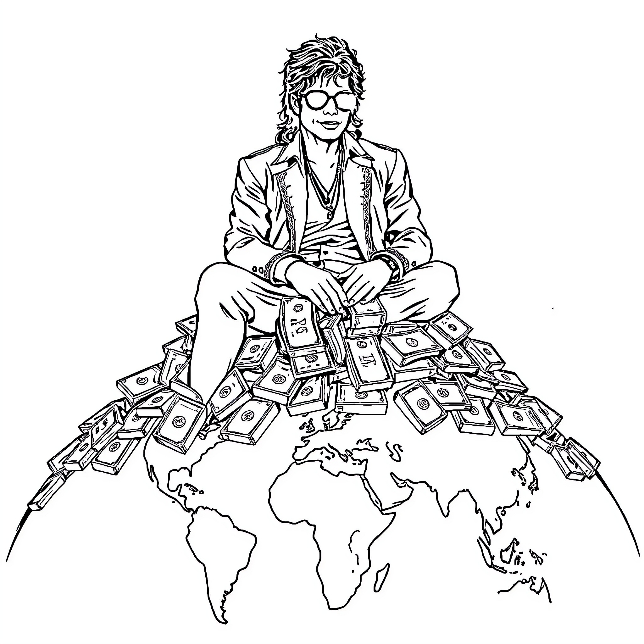 Michael Jackson's Worldwide Influence and Fame Coloring Page (free black-and-white line drawing printable PDF for all, from beginners to advanced learners, including children, teens, adults, and seniors)