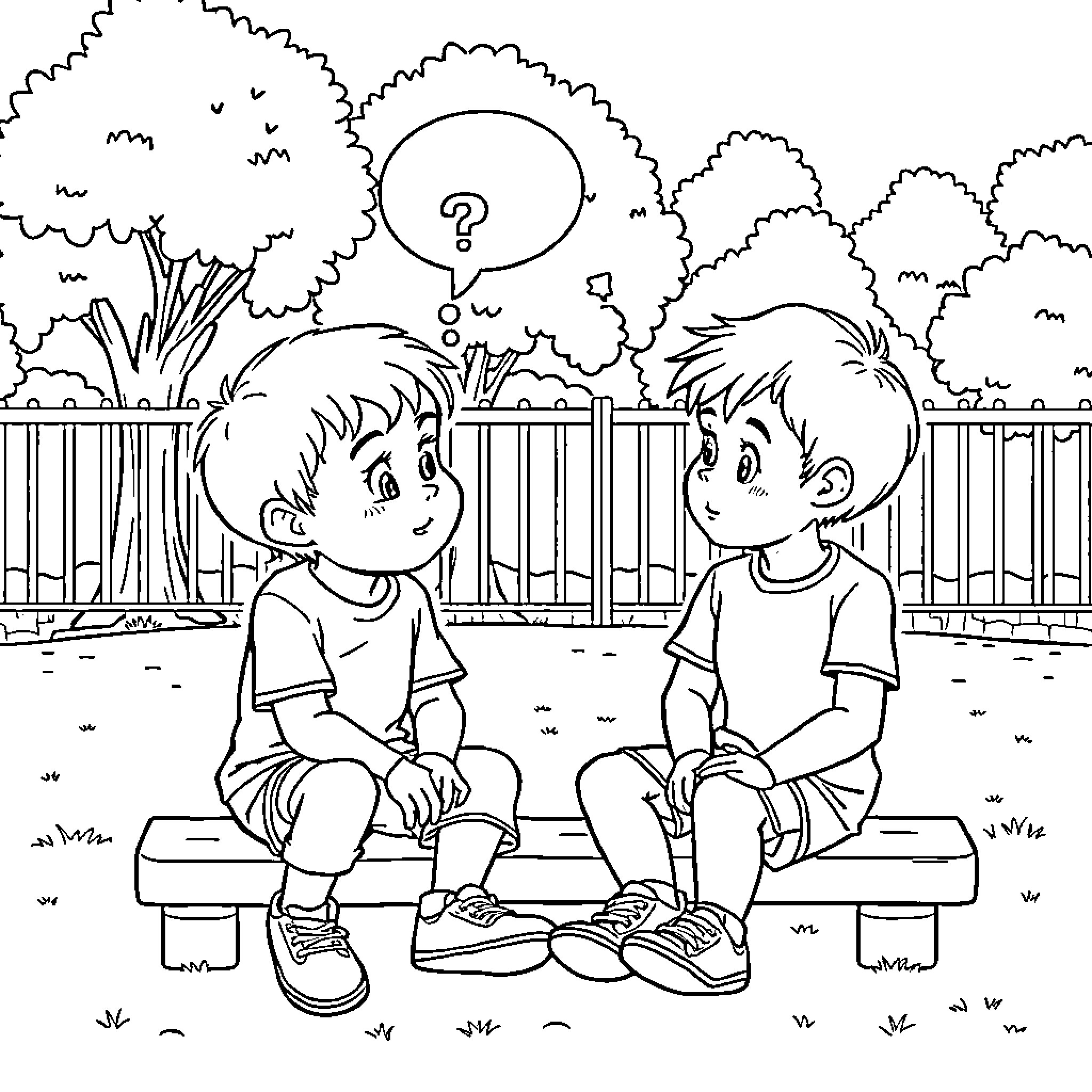 Kids chatting on park bench Coloring Page (free black-and-white line drawing printable PDF for all, from beginners to advanced learners, including children, teens, adults, and seniors)