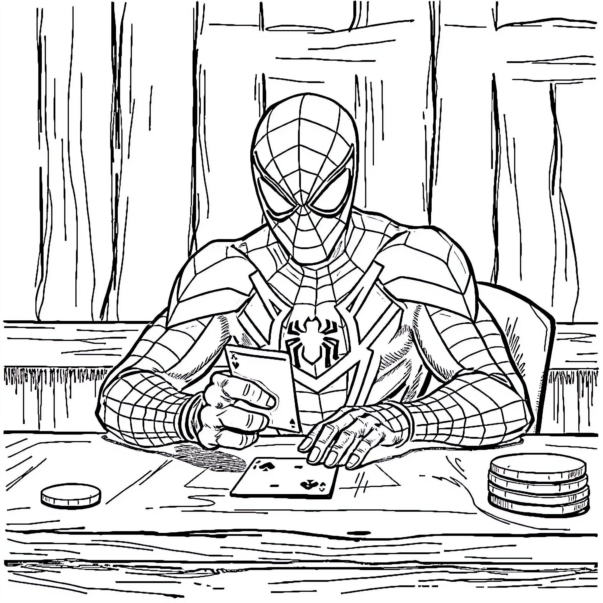 Spiderman relaxing and reading comics Coloring Page (free black-and-white line drawing printable PDF for all, from beginners to advanced learners, including children, teens, adults, and seniors)