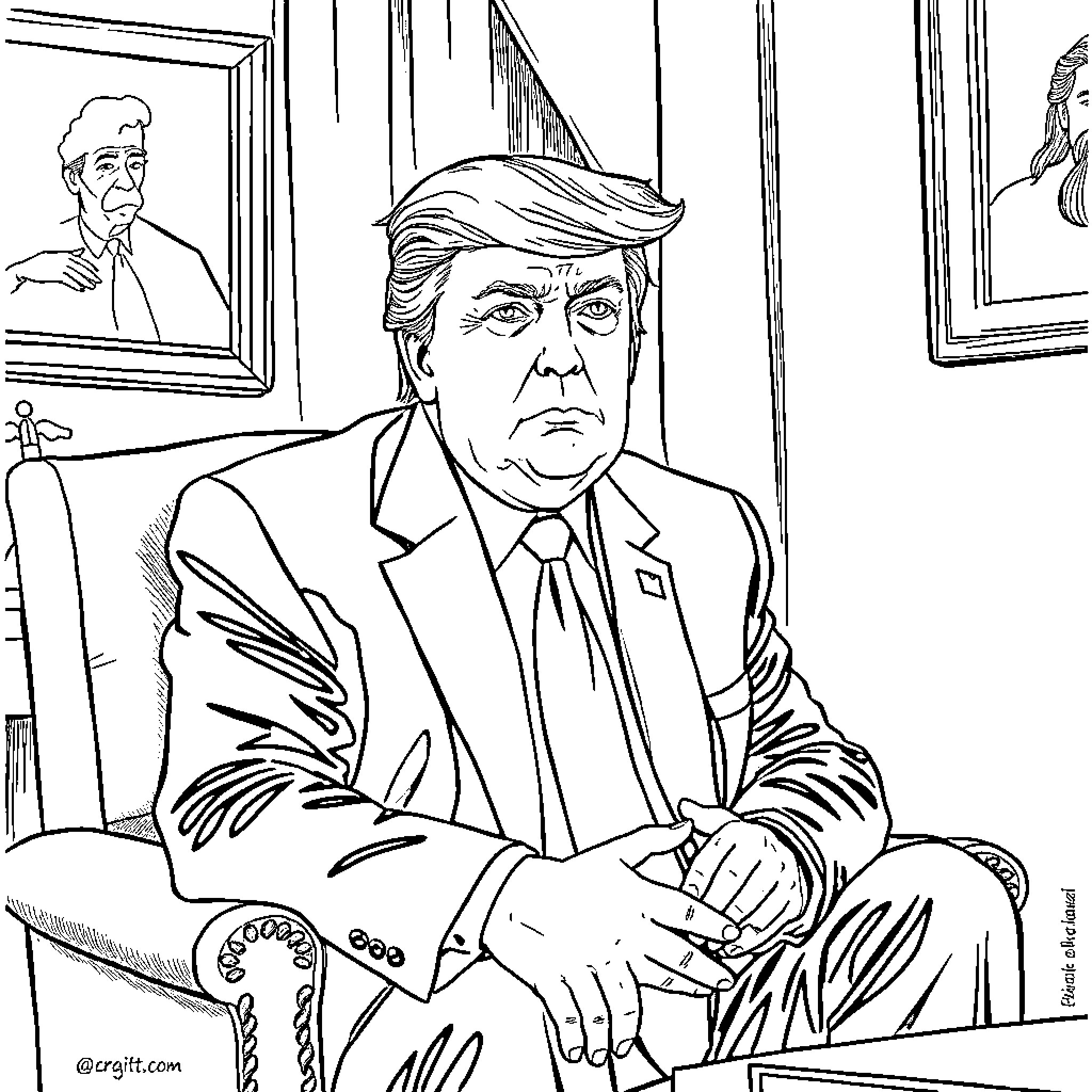 Trump in Contemplative Pose in Oval Office Coloring Page (free black-and-white line drawing printable PDF for all, from beginners to advanced learners, including children, teens, adults, and seniors)