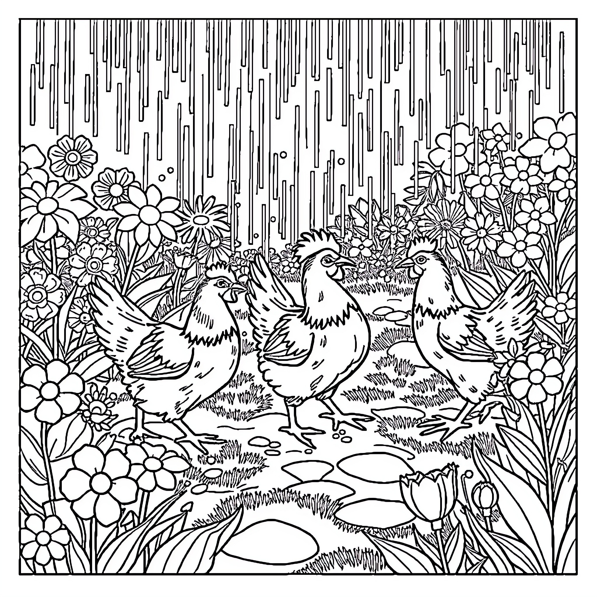 Chicken exploring a vibrant floral garden Coloring Page (free black-and-white line drawing printable PDF for all, from beginners to advanced learners, including children, teens, adults, and seniors)