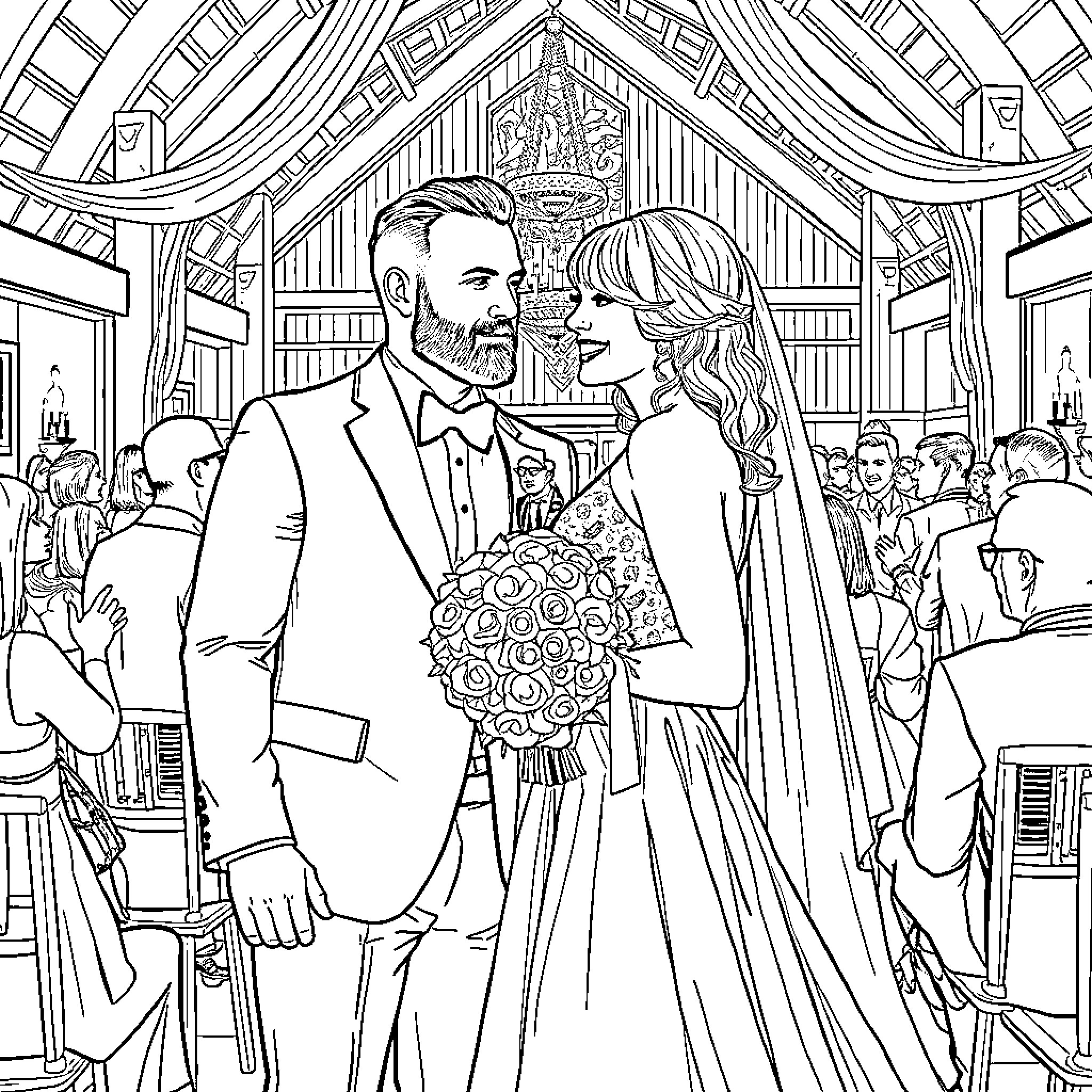 Travis Kelce's Romantic Wedding Celebration Coloring Page (free black-and-white line drawing printable PDF for all, from beginners to advanced learners, including children, teens, adults, and seniors)