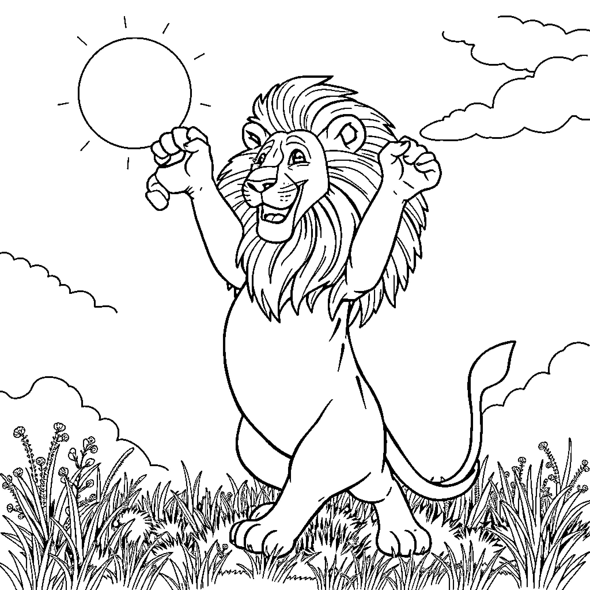 Lion roaring in the sun-lit savanna Coloring Page (free black-and-white line drawing printable PDF for all, from beginners to advanced learners, including children, teens, adults, and seniors)