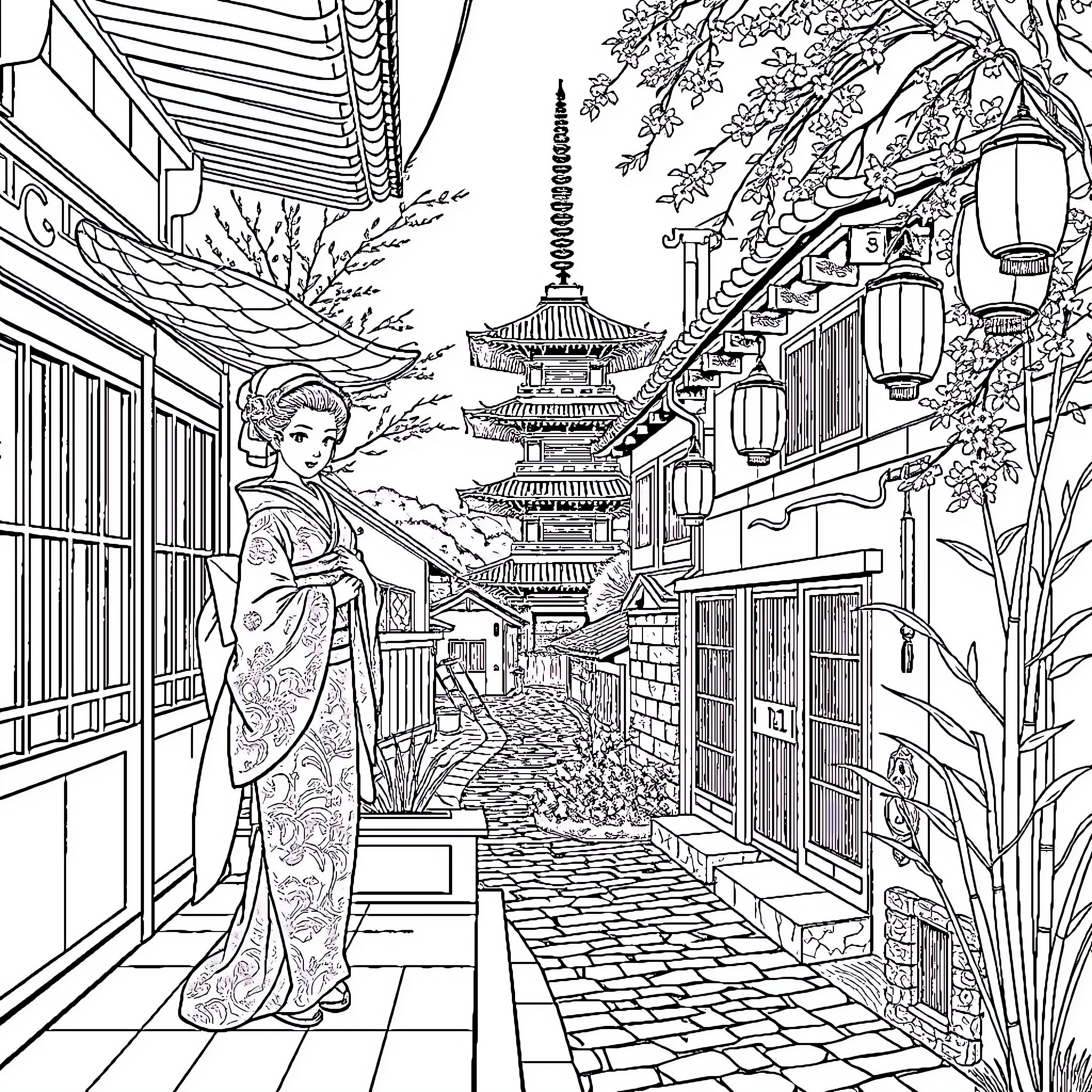 Geisha strolling through a traditional Japanese village Coloring Page (free black-and-white line drawing printable PDF for all, from beginners to advanced learners, including children, teens, adults, and seniors)