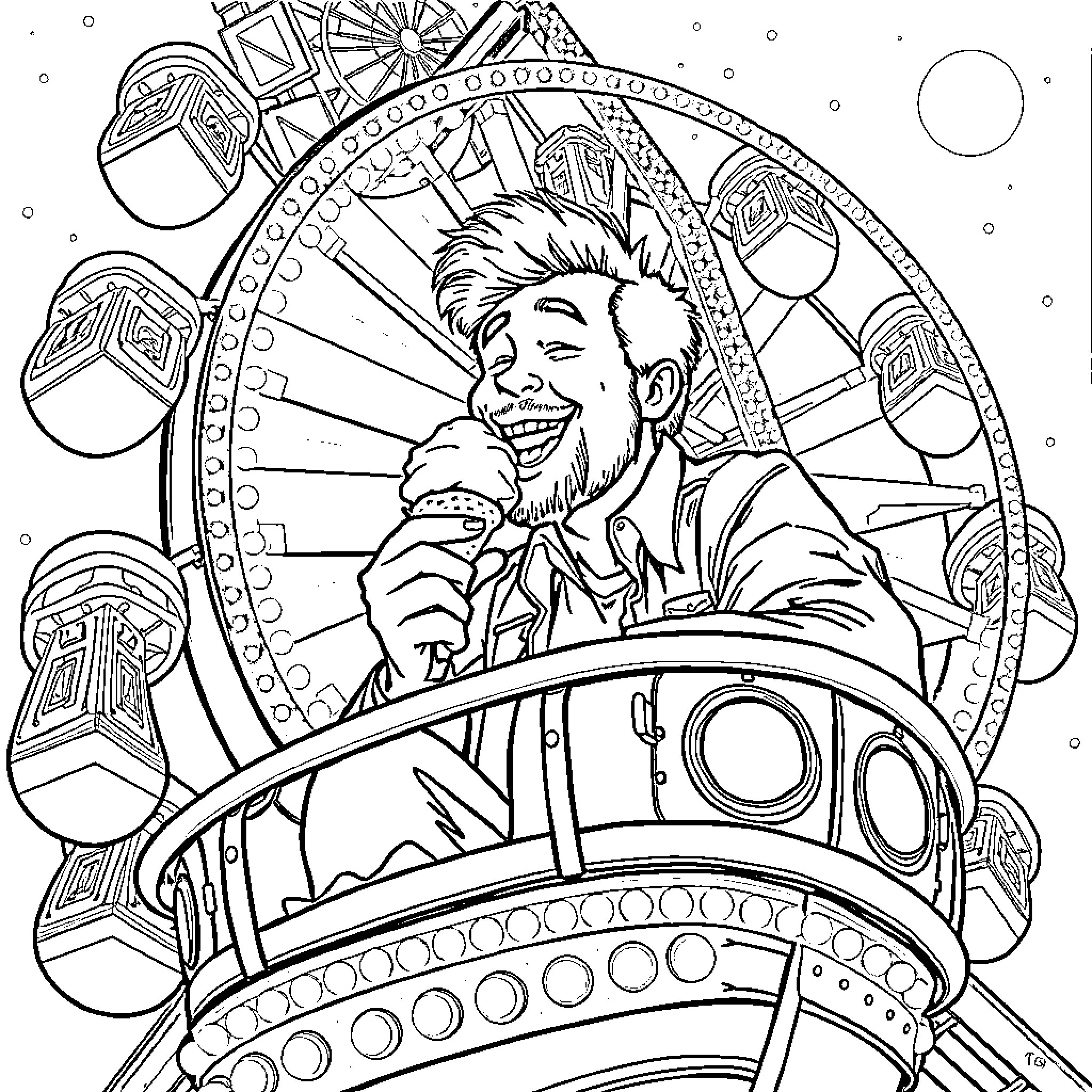 Johnathan Ross enjoying the carnival ride Coloring Page (free black-and-white line drawing printable PDF for all, from beginners to advanced learners, including children, teens, adults, and seniors)