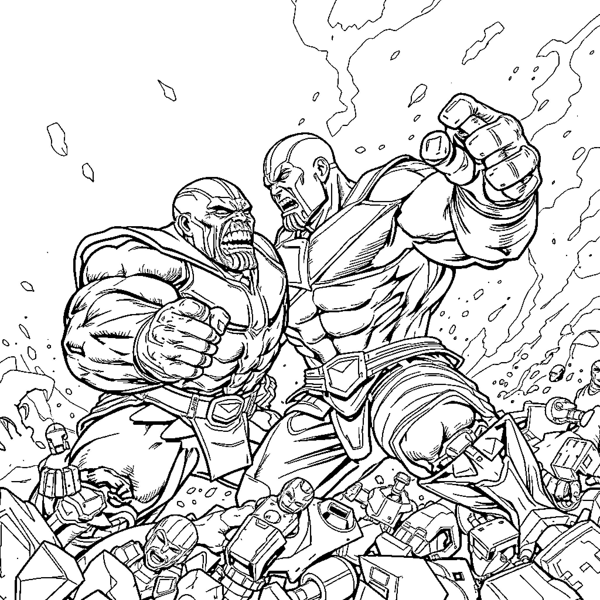 Hulk Unleashing Powerful Punch Amid Chaos Coloring Page (free black-and-white line drawing printable PDF for all, from beginners to advanced learners, including children, teens, adults, and seniors)