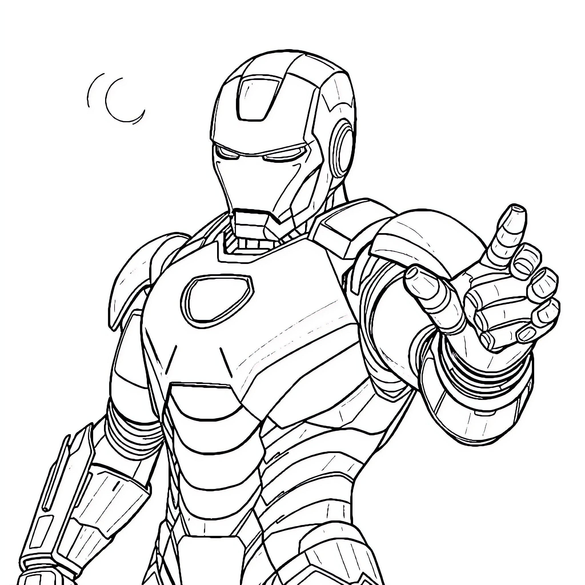 Ironman taking heroic action in battle Coloring Page (free black-and-white line drawing printable PDF for all, from beginners to advanced learners, including children, teens, adults, and seniors)