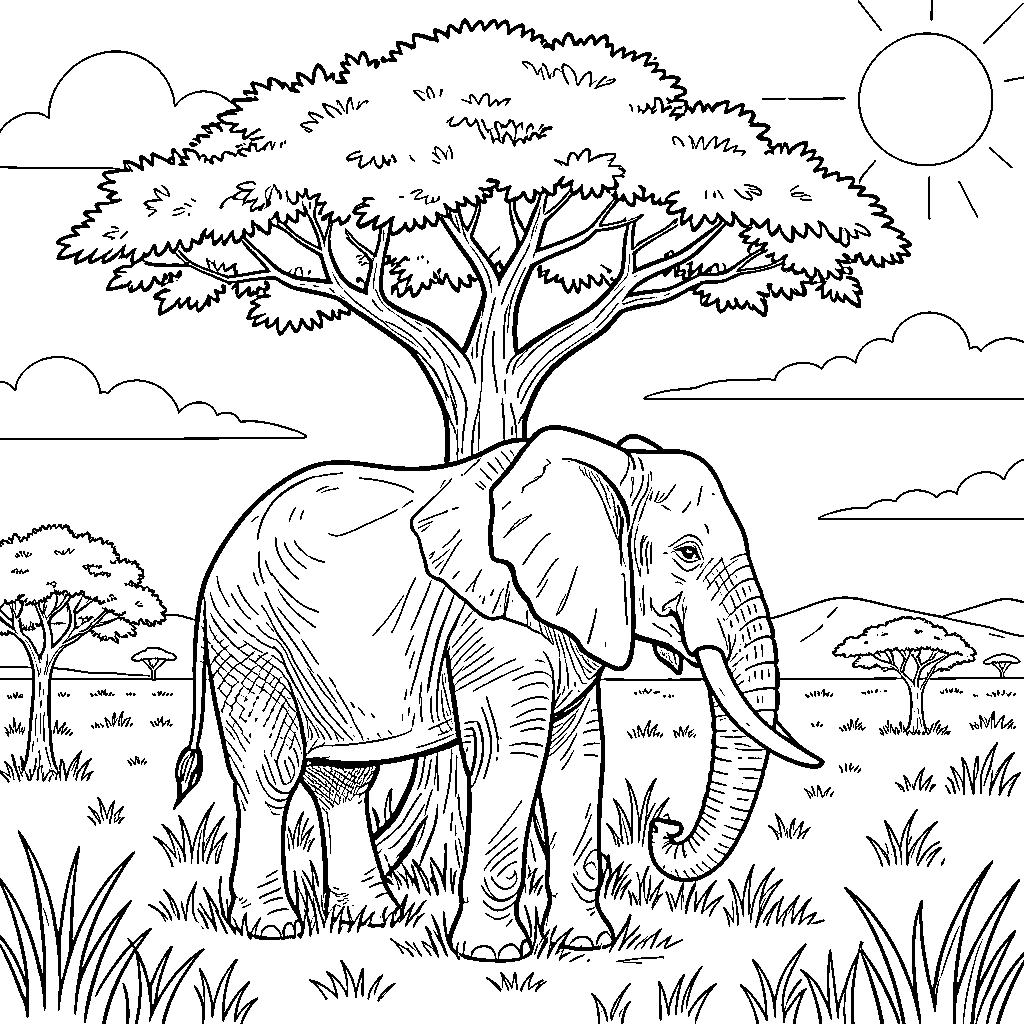 Elephant in a serene natural landscape Coloring Page (free black-and-white line drawing printable PDF for all, from beginners to advanced learners, including children, teens, adults, and seniors)
