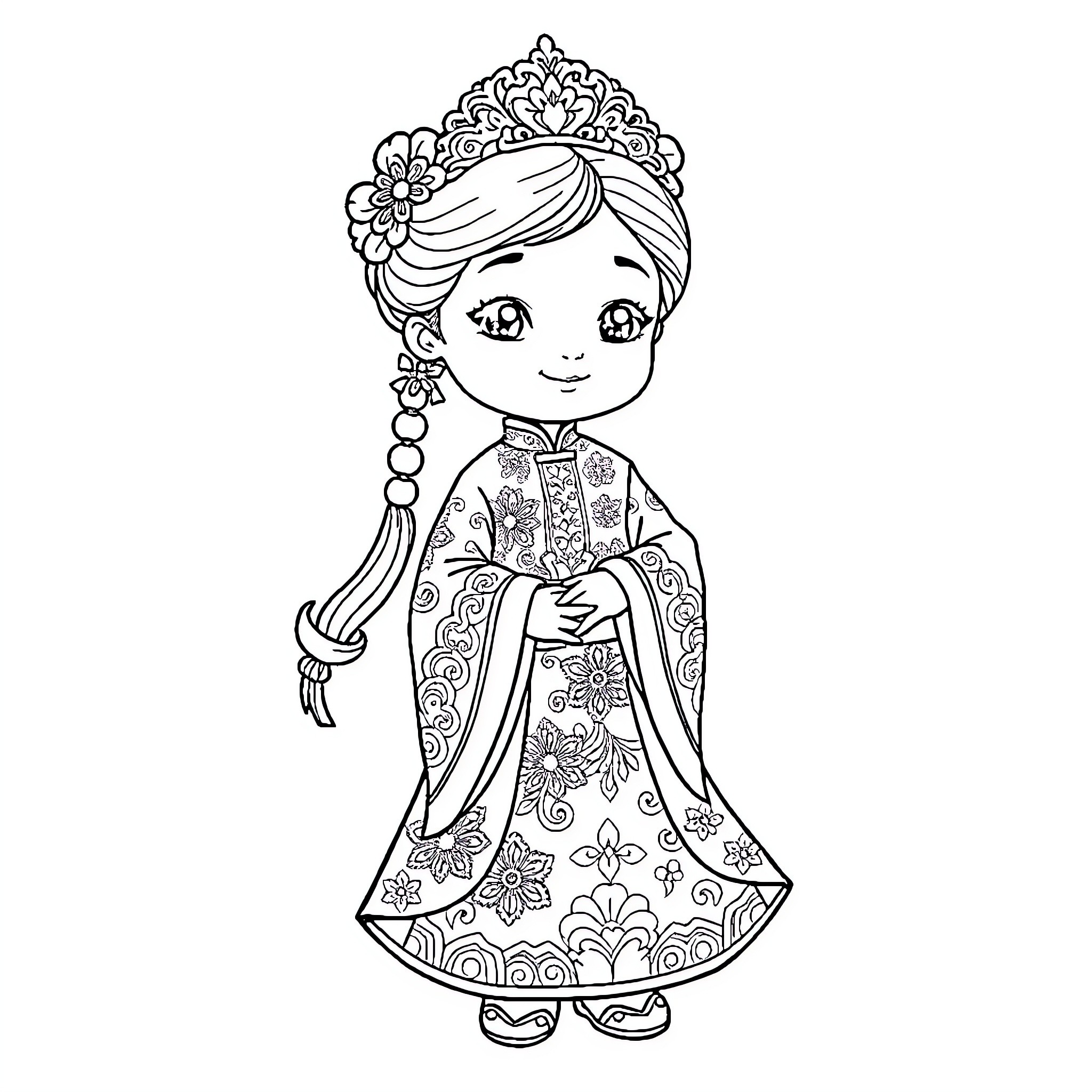 Princess in Ornate Floral Dress and Tiara Coloring Page (free black-and-white line drawing printable PDF for all, from beginners to advanced learners, including children, teens, adults, and seniors)