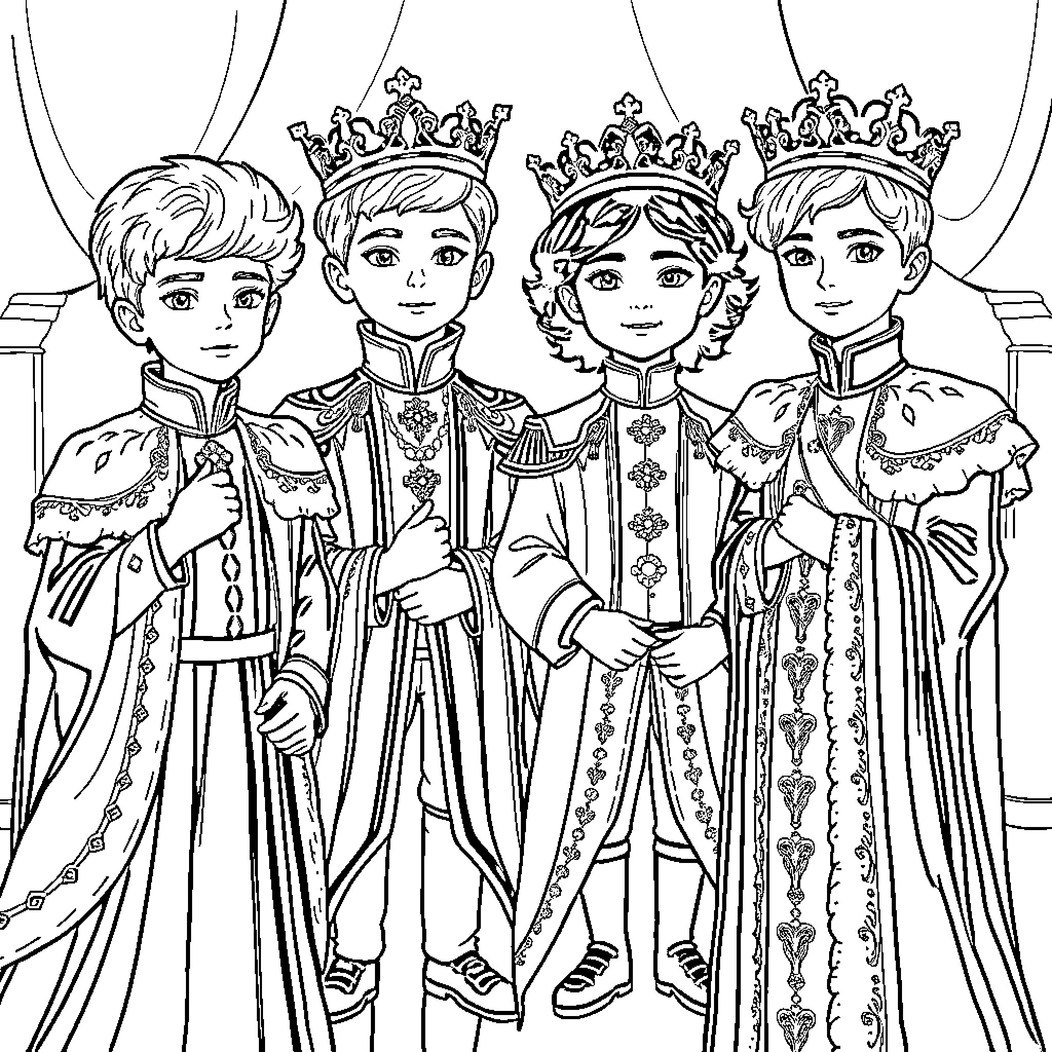 Prince's Royal Court Gathering in Ceremonial Attire Coloring Page (free black-and-white line drawing printable PDF for all, from beginners to advanced learners, including children, teens, adults, and seniors)