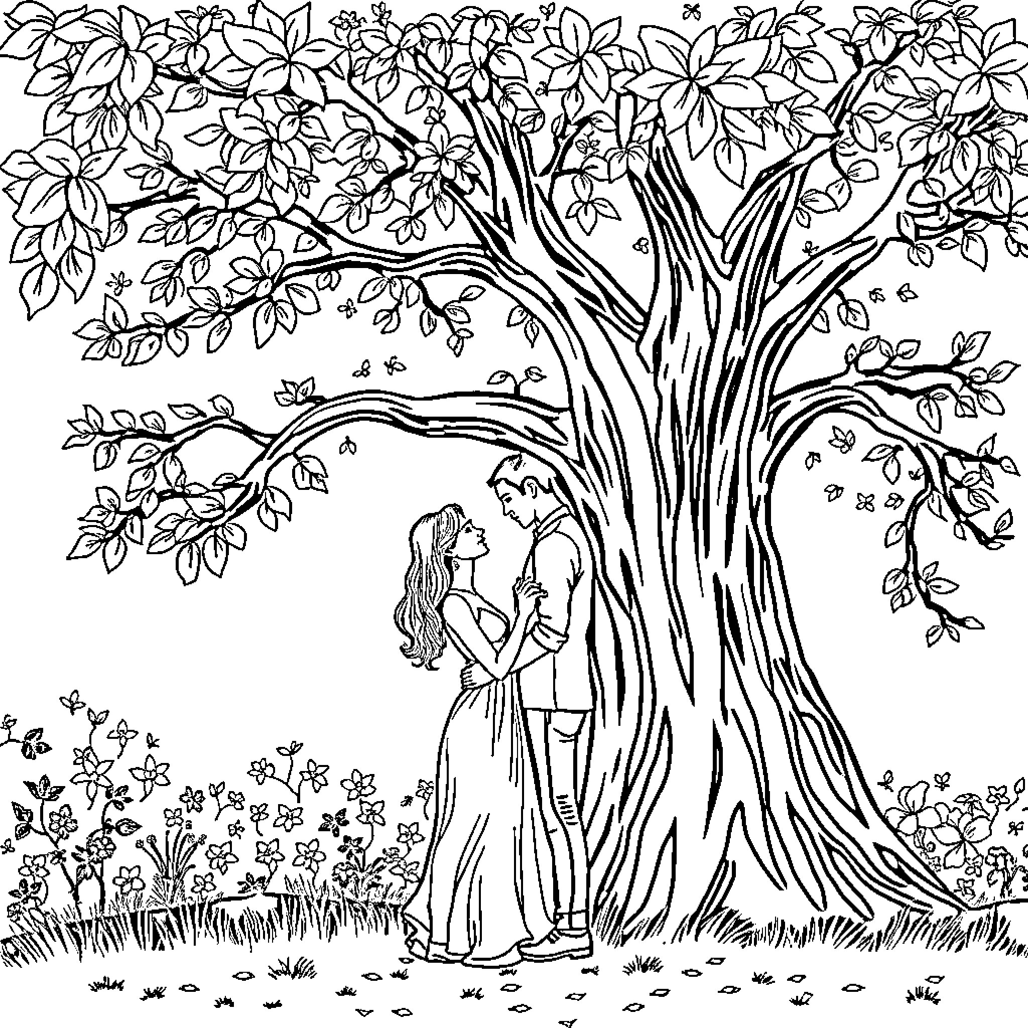 Couple embracing under a blooming tree Coloring Page (free black-and-white line drawing printable PDF for all, from beginners to advanced learners, including children, teens, adults, and seniors)