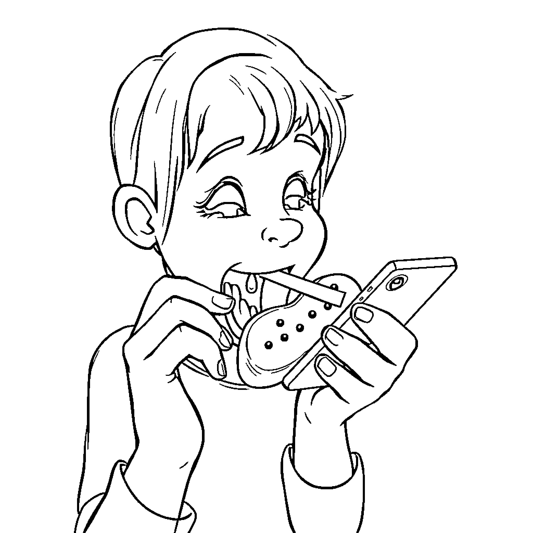 iPhone kid gaming happily with gaming controller Coloring Page (free black-and-white line drawing printable PDF for all, from beginners to advanced learners, including children, teens, adults, and seniors)