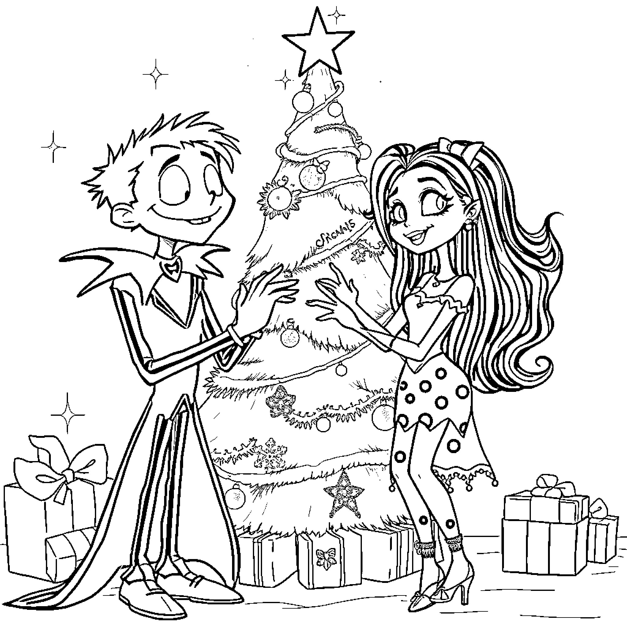 Frankie Stein decorates the Christmas tree with partner Coloring Page (free black-and-white line drawing printable PDF for all, from beginners to advanced learners, including children, teens, adults, and seniors)