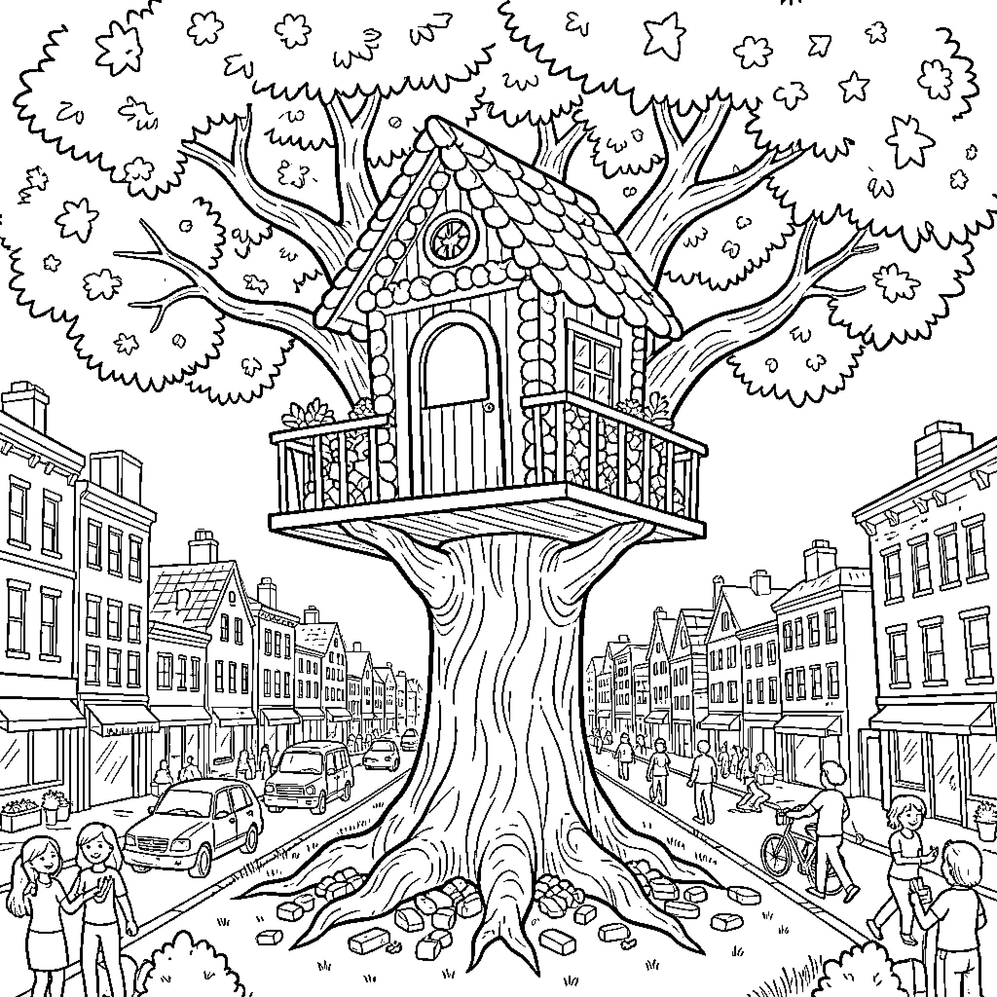 Candy House in a Whimsical Town Coloring Page (free black-and-white line drawing printable PDF for all, from beginners to advanced learners, including children, teens, adults, and seniors)