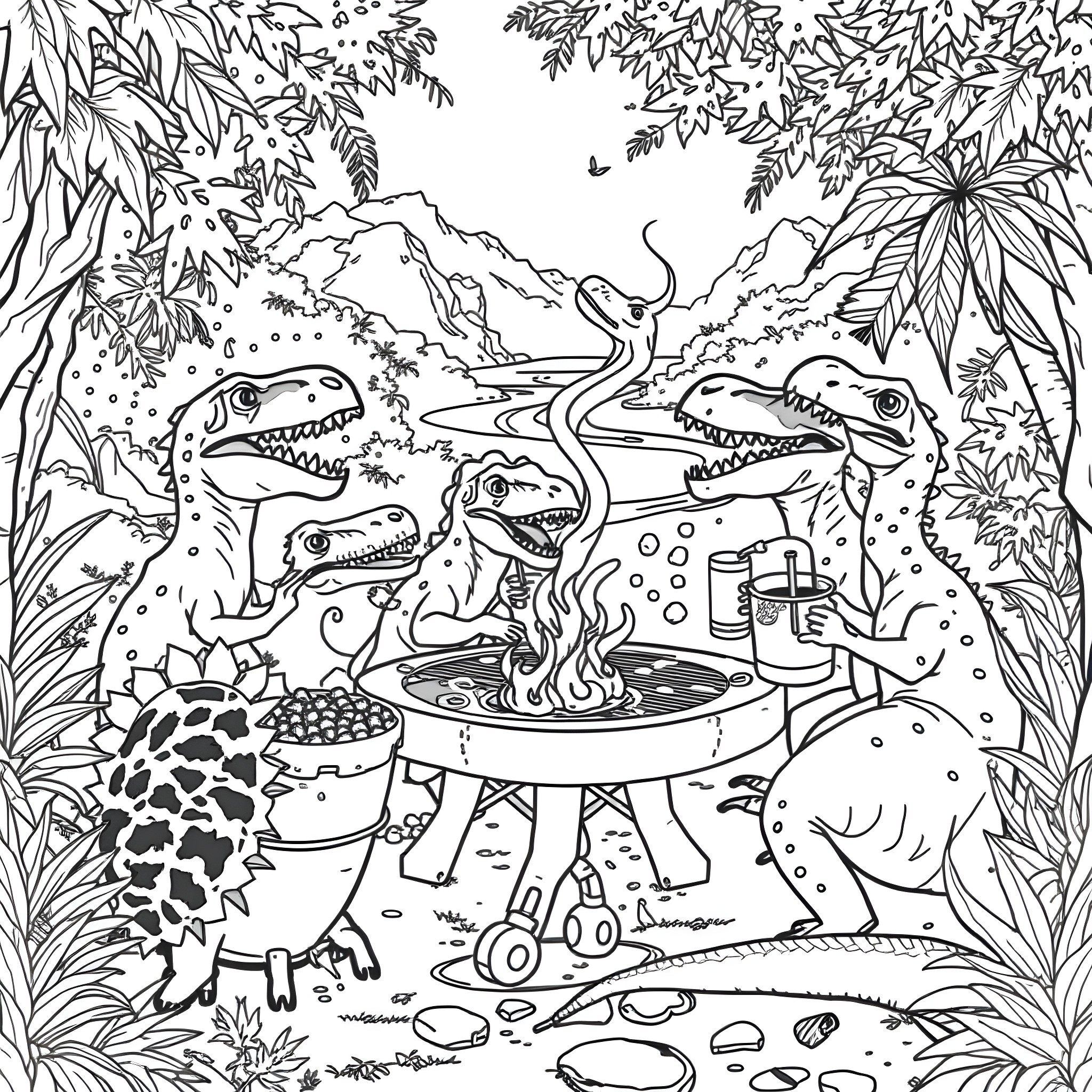 Dinosaurs Enjoying a Barbecue in the Jungle Coloring Page (free black-and-white line drawing printable PDF for all, from beginners to advanced learners, including children, teens, adults, and seniors)