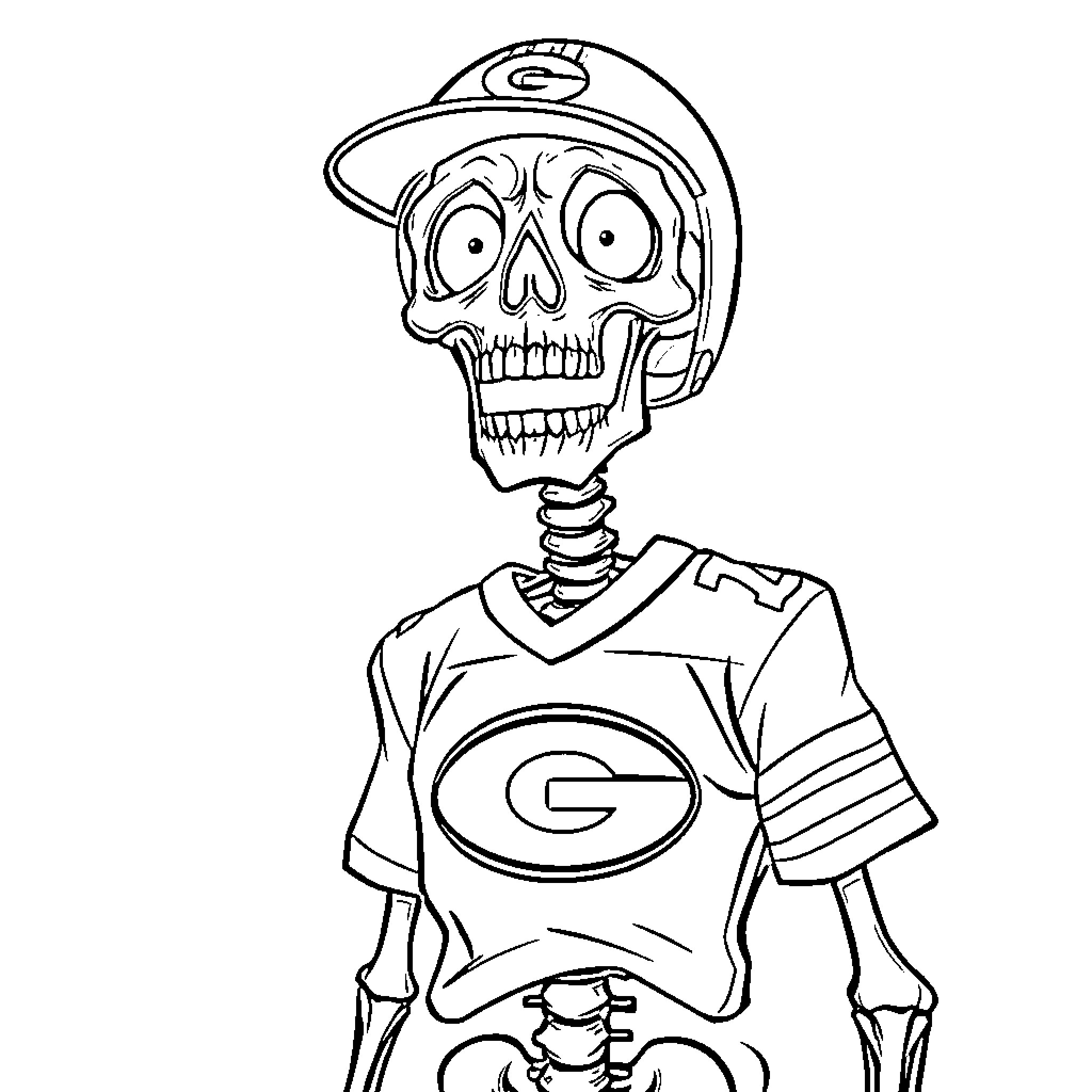 Skeleton in sports jersey and cap Coloring Page (free black-and-white line drawing printable PDF for all, from beginners to advanced learners, including children, teens, adults, and seniors)