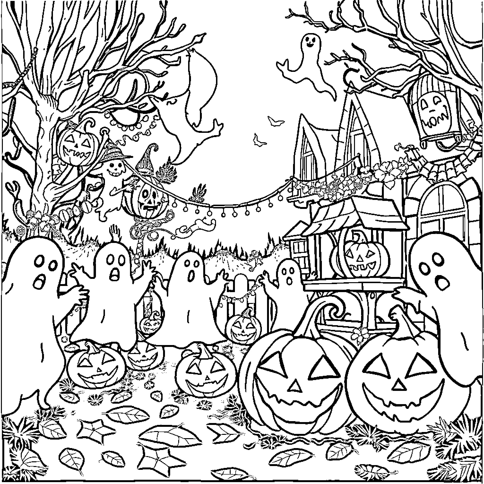 Halloween Festive Scene with Spooky Characters Coloring Page (free black-and-white line drawing printable PDF for all, from beginners to advanced learners, including children, teens, adults, and seniors)