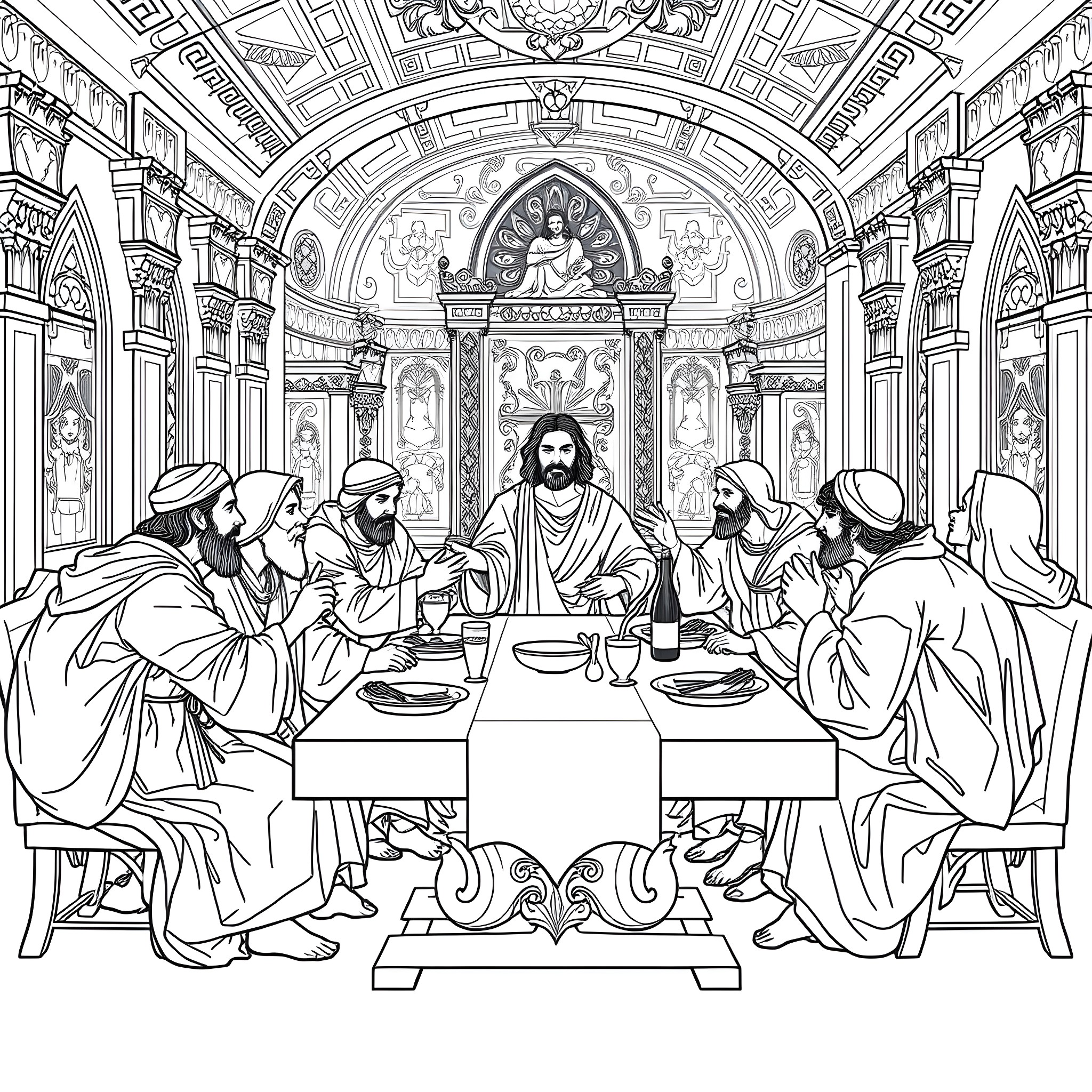 Last Supper with Ornate Architectural Details Coloring Page (free black-and-white line drawing printable PDF for all, from beginners to advanced learners, including children, teens, adults, and seniors)