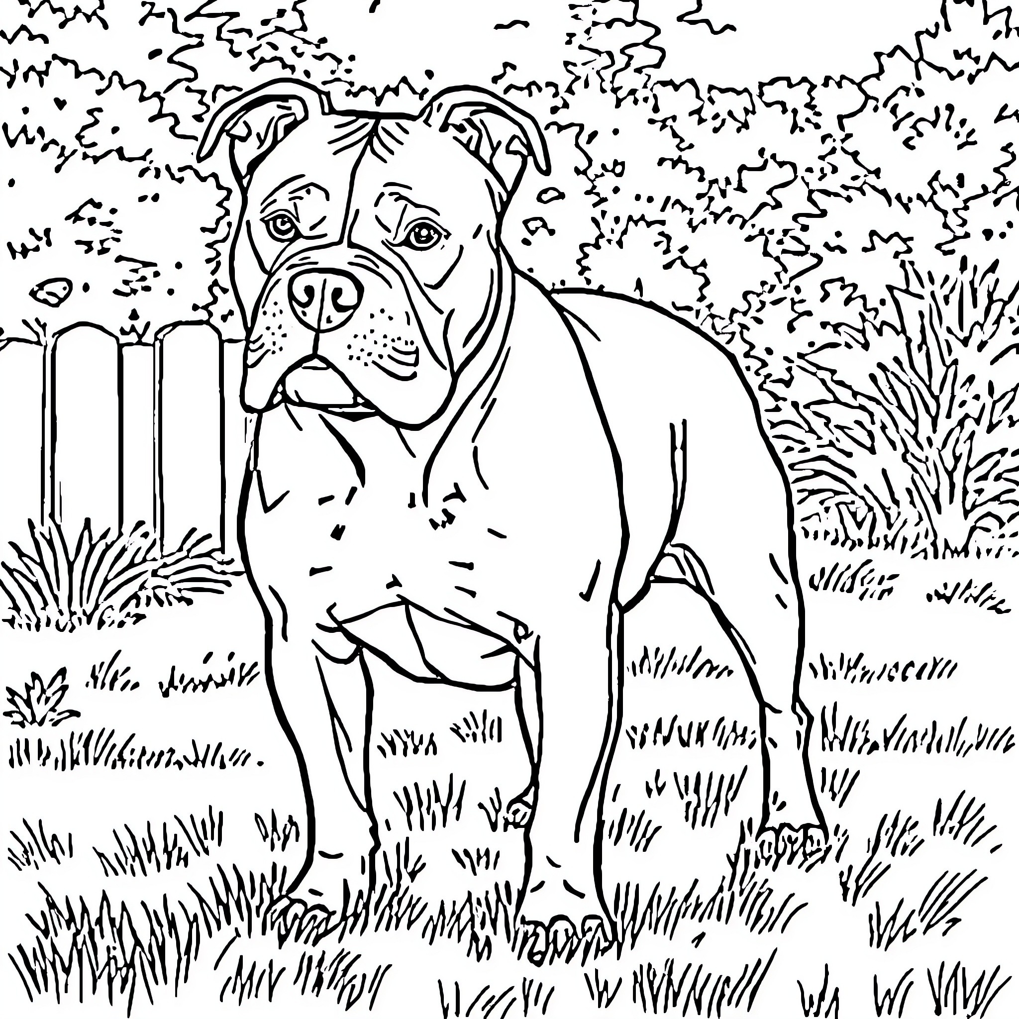 Pit Bull standing alert in grassy field Coloring Page (free black-and-white line drawing printable PDF for all, from beginners to advanced learners, including children, teens, adults, and seniors)