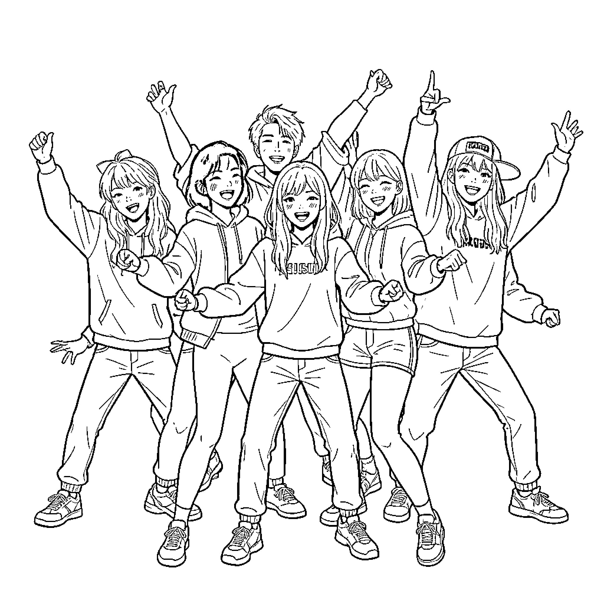 Kpop Hunter group of girls posing and celebrating together Coloring Page (free black-and-white line drawing printable PDF for all, from beginners to advanced learners, including children, teens, adults, and seniors)