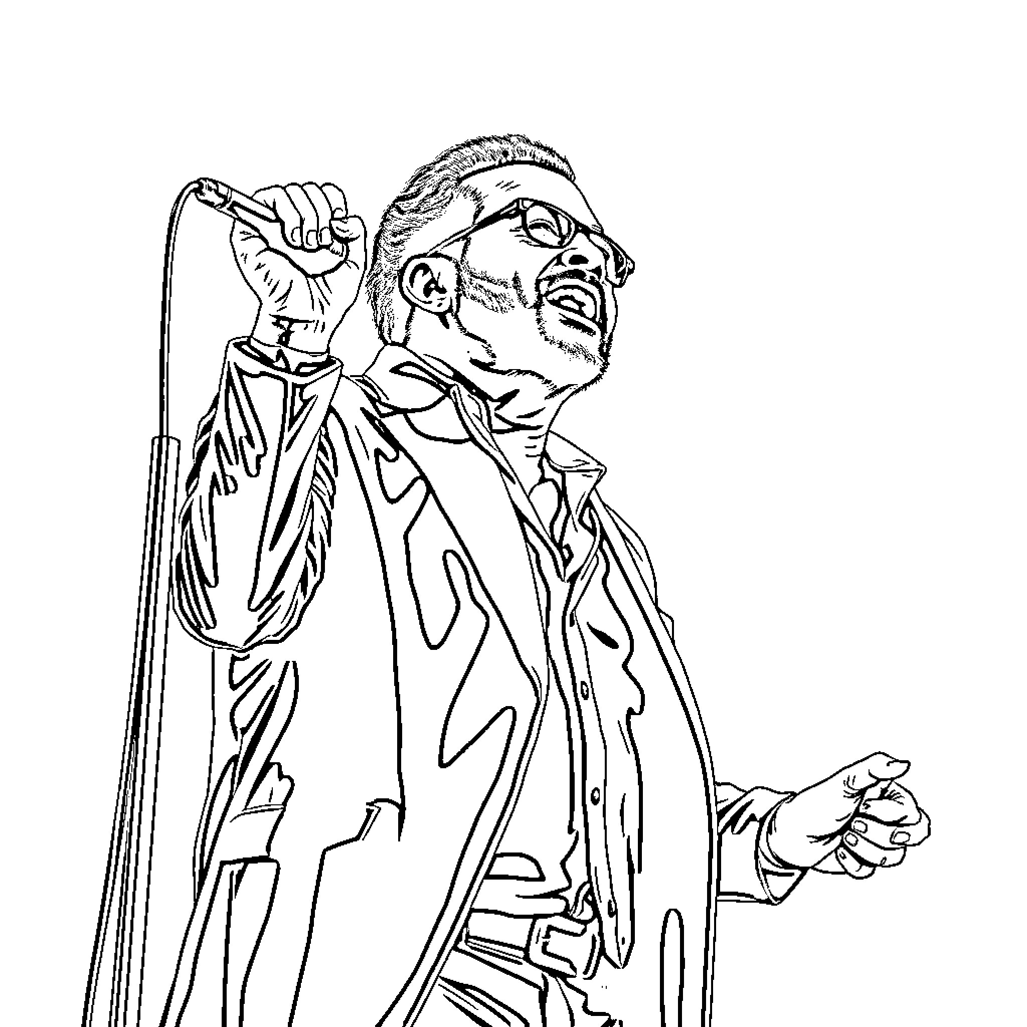 Ruben Blades performing on stage with microphone Coloring Page (free black-and-white line drawing printable PDF for all, from beginners to advanced learners, including children, teens, adults, and seniors)