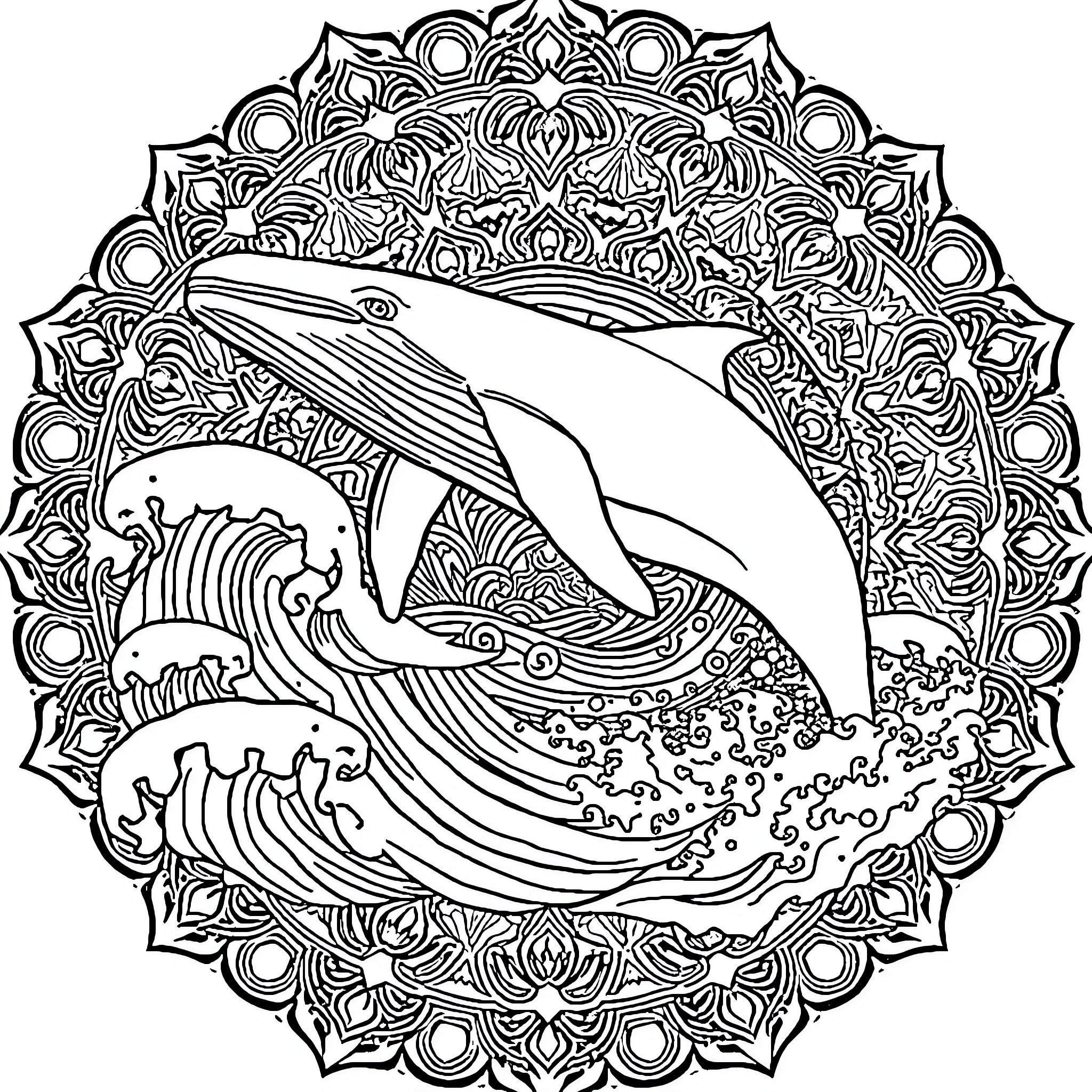 Humpback Whale Majestic Leap Through Intricate Mandala Coloring Page (free black-and-white line drawing printable PDF for all, from beginners to advanced learners, including children, teens, adults, and seniors)
