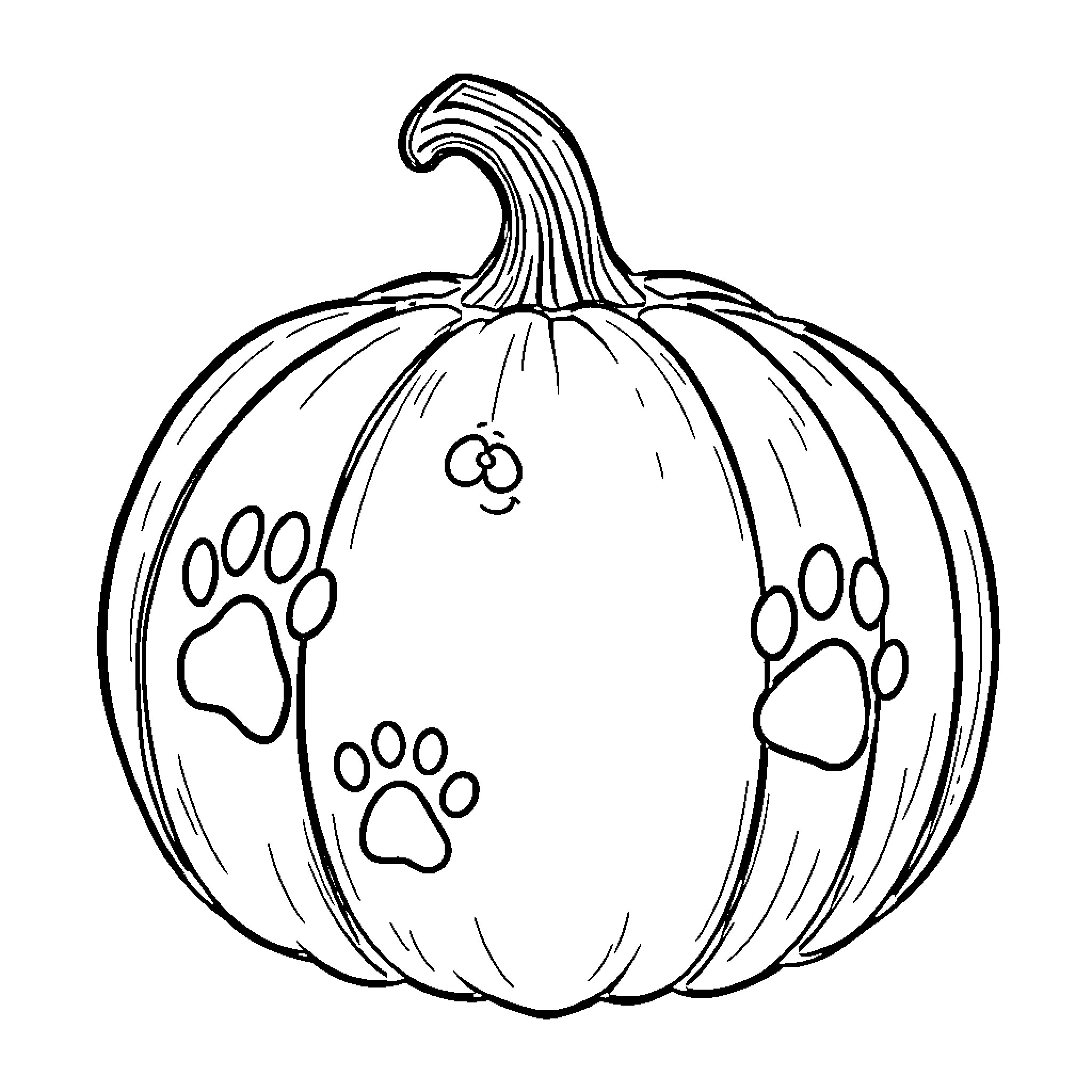Pumpkin with paw prints Coloring Page (free black-and-white line drawing printable PDF for all, from beginners to advanced learners, including children, teens, adults, and seniors)