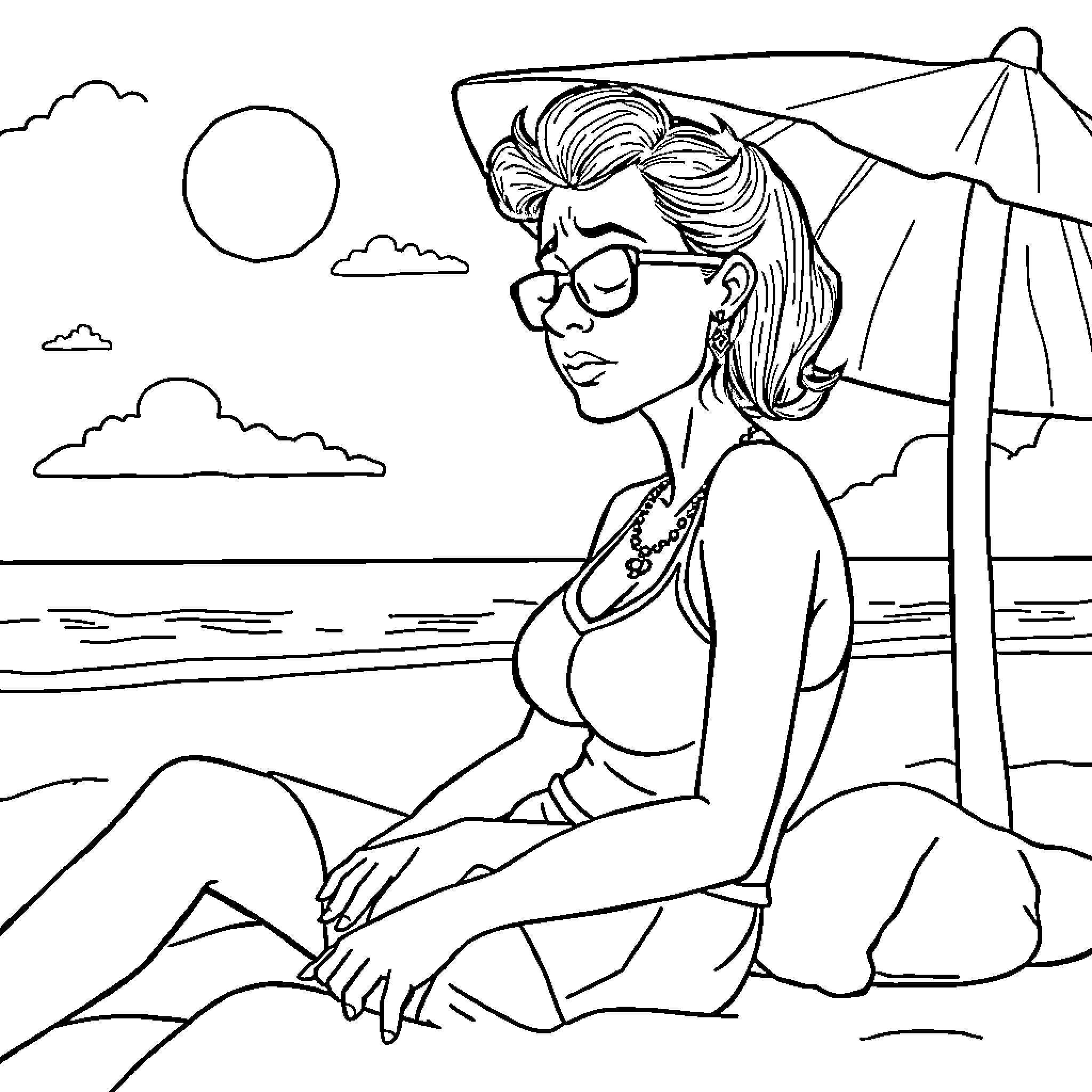 Mom relaxing on the beach Coloring Page (free black-and-white line drawing printable PDF for all, from beginners to advanced learners, including children, teens, adults, and seniors)
