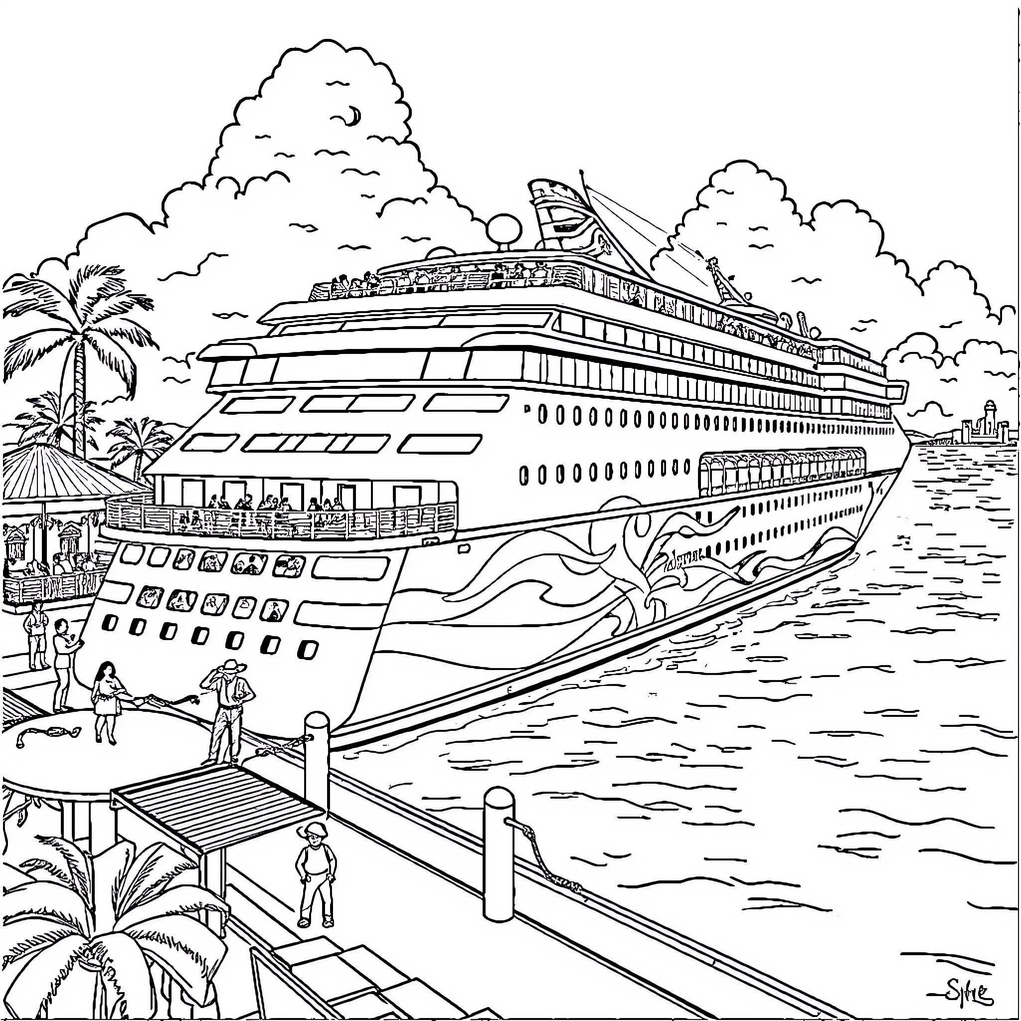 Cruise Ship Departing from Tropical Port Coloring Page (free black-and-white line drawing printable PDF for all, from beginners to advanced learners, including children, teens, adults, and seniors)