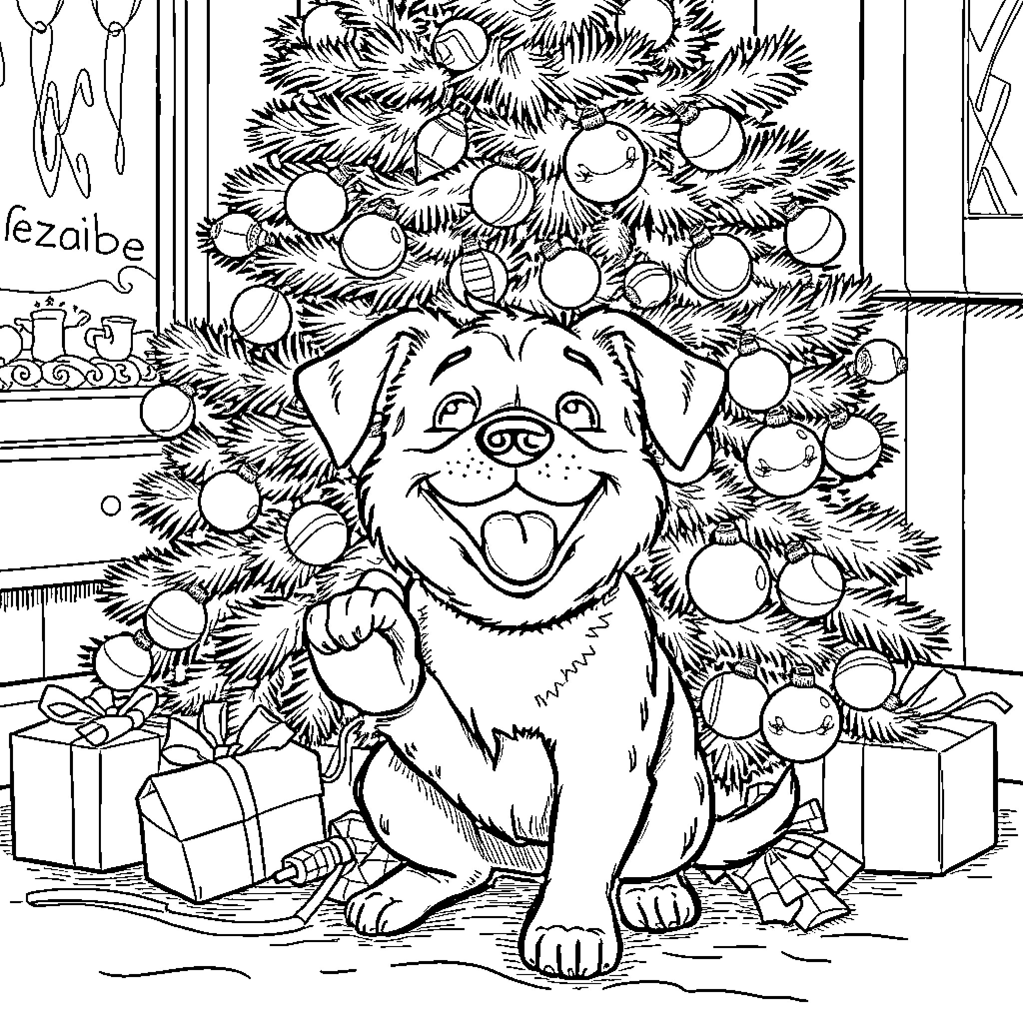 Dog enjoying Christmas tree with presents Coloring Page (free black-and-white line drawing printable PDF for all, from beginners to advanced learners, including children, teens, adults, and seniors)