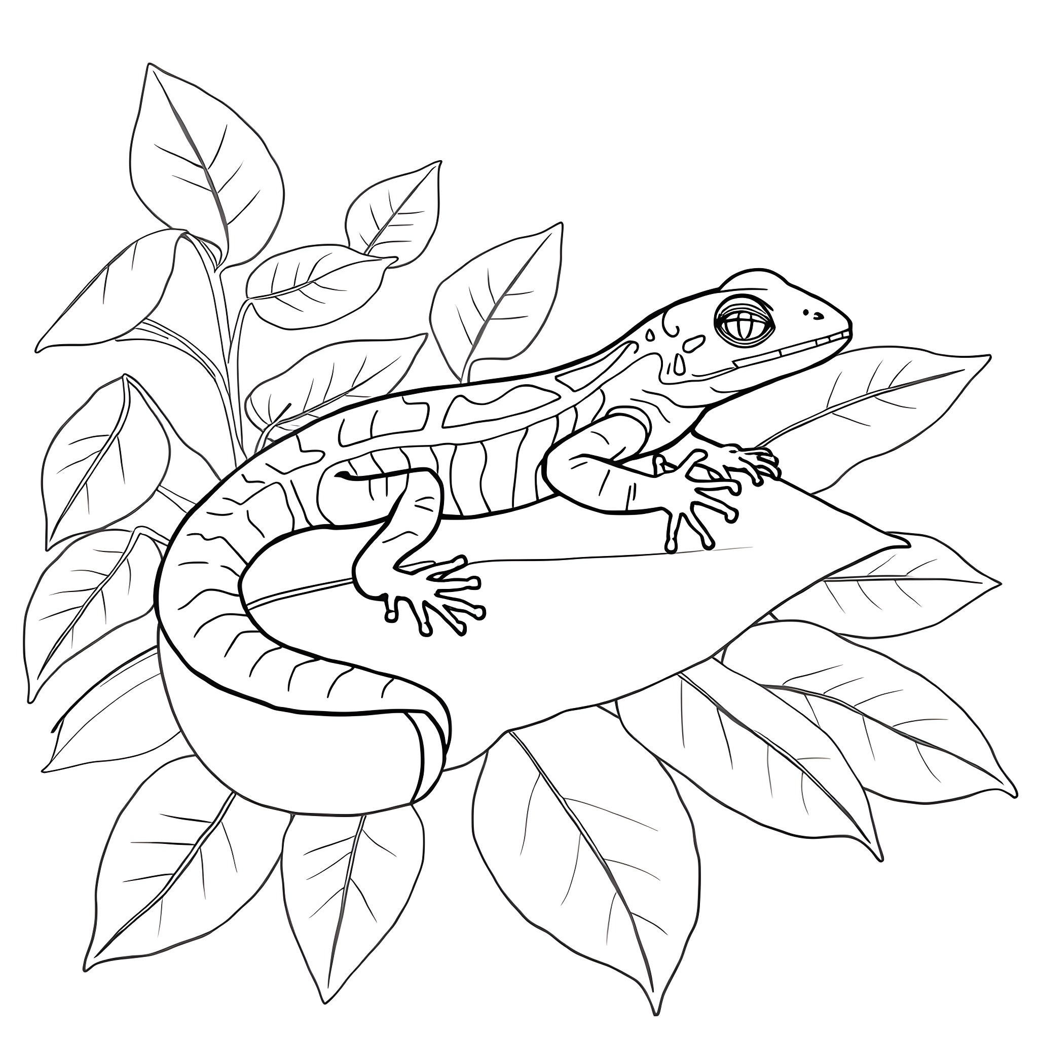 Skink exploring the lush foliage Coloring Page (free black-and-white line drawing printable PDF for all, from beginners to advanced learners, including children, teens, adults, and seniors)